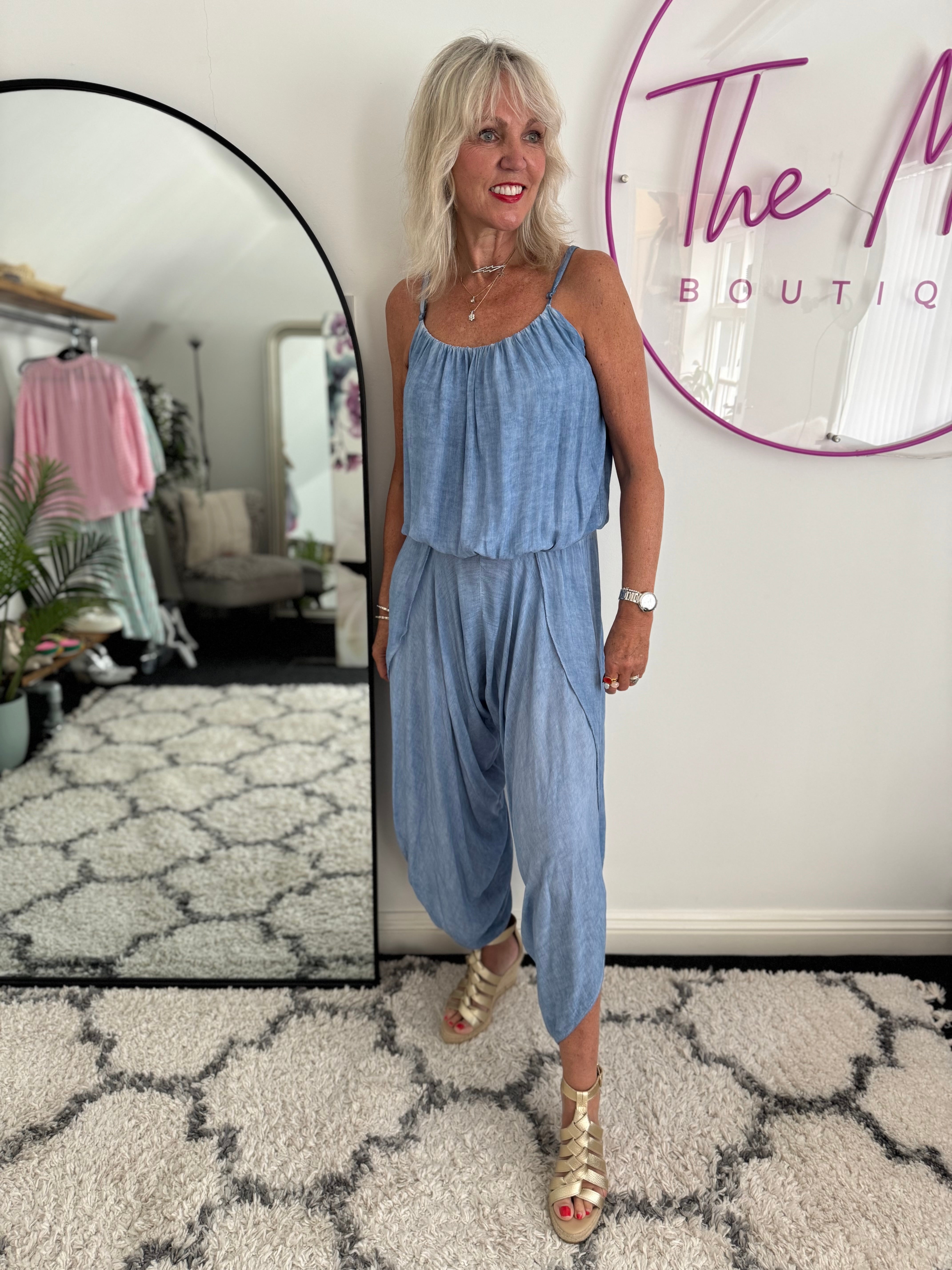 Split Leg Jumpsuit in Vintage Blue