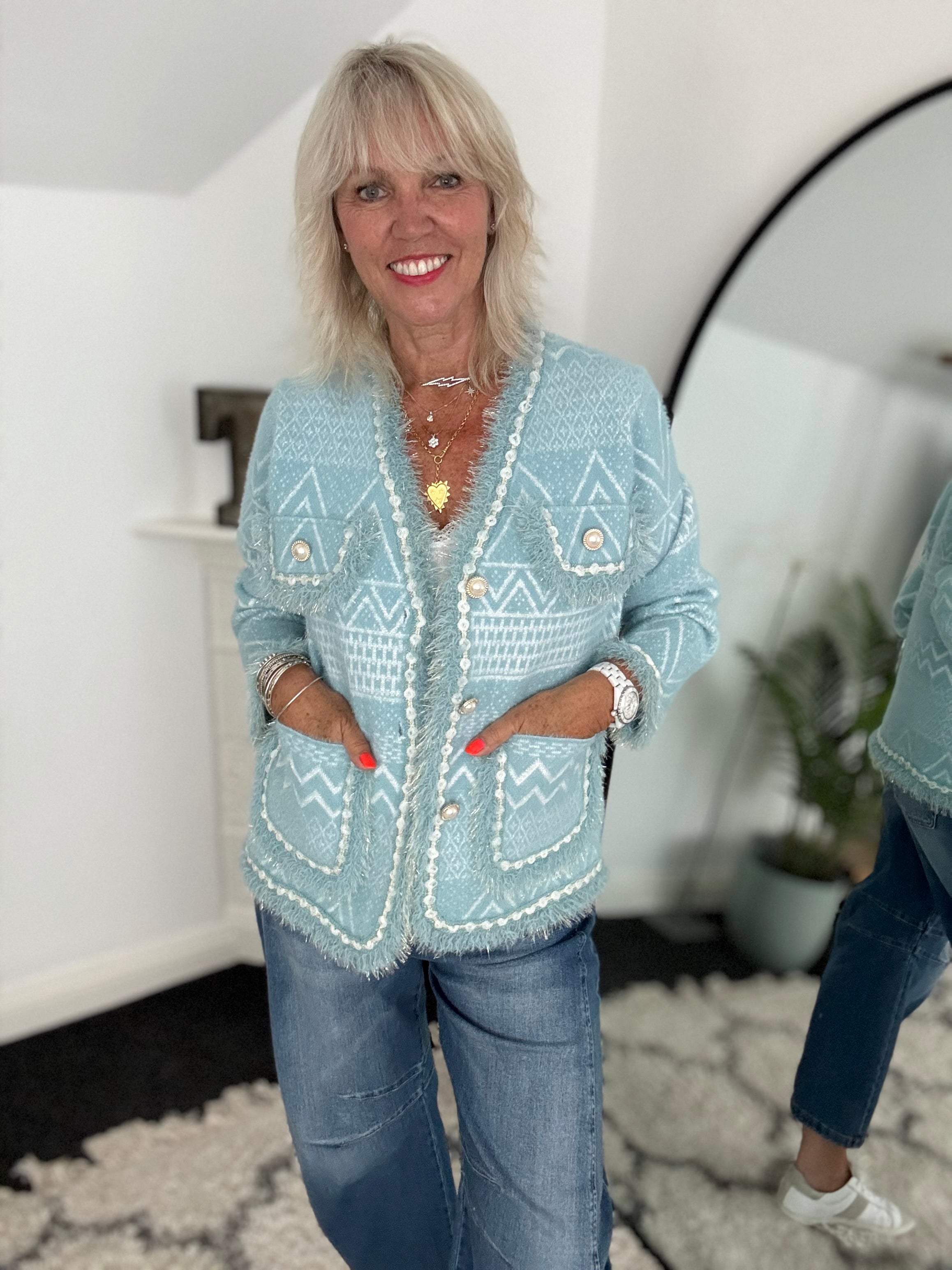 Pearl Button & Tweed Cardi Jacket in Tiffany Blue