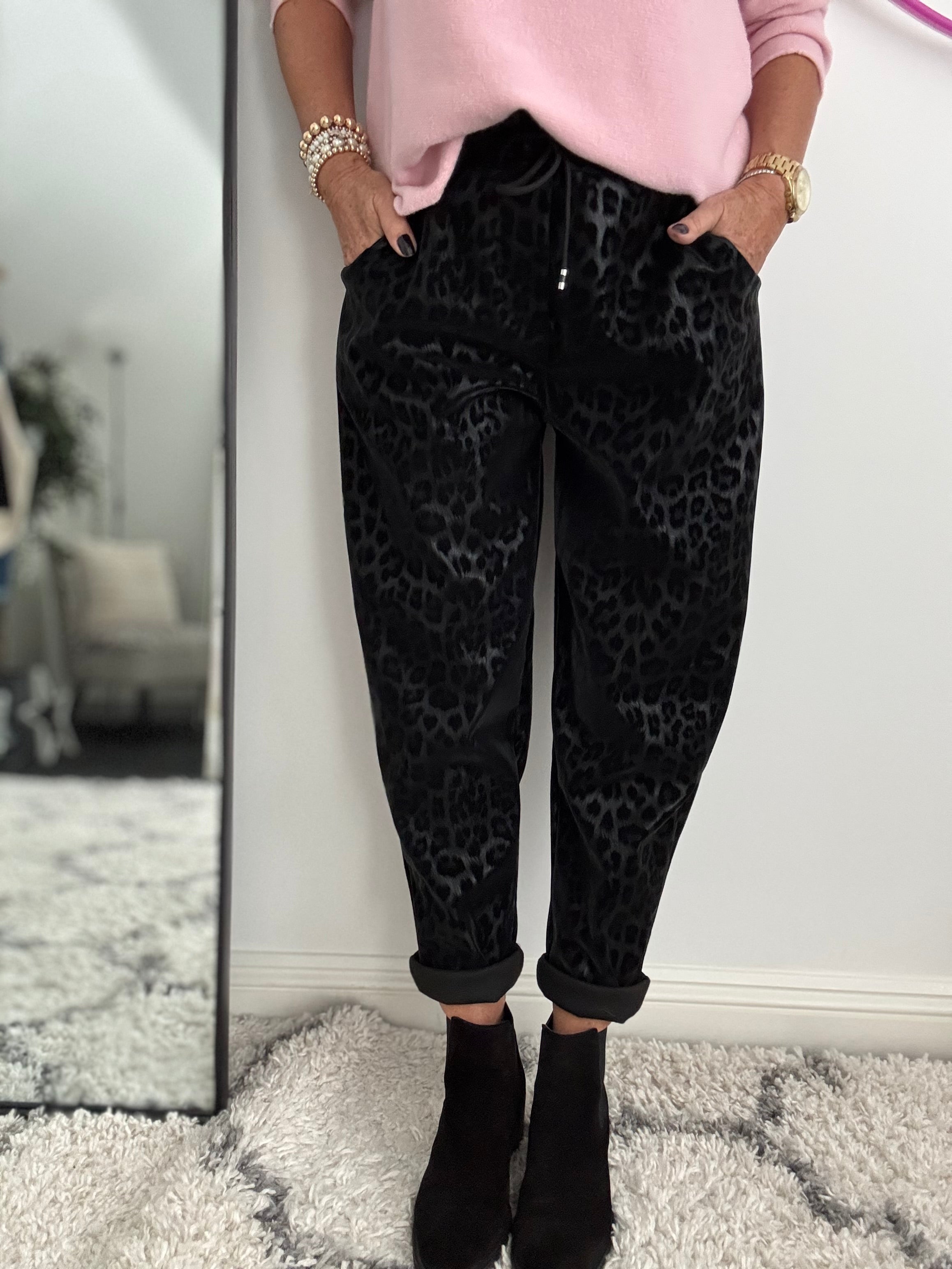 Faux Leather Leopard Print Joggers in Black