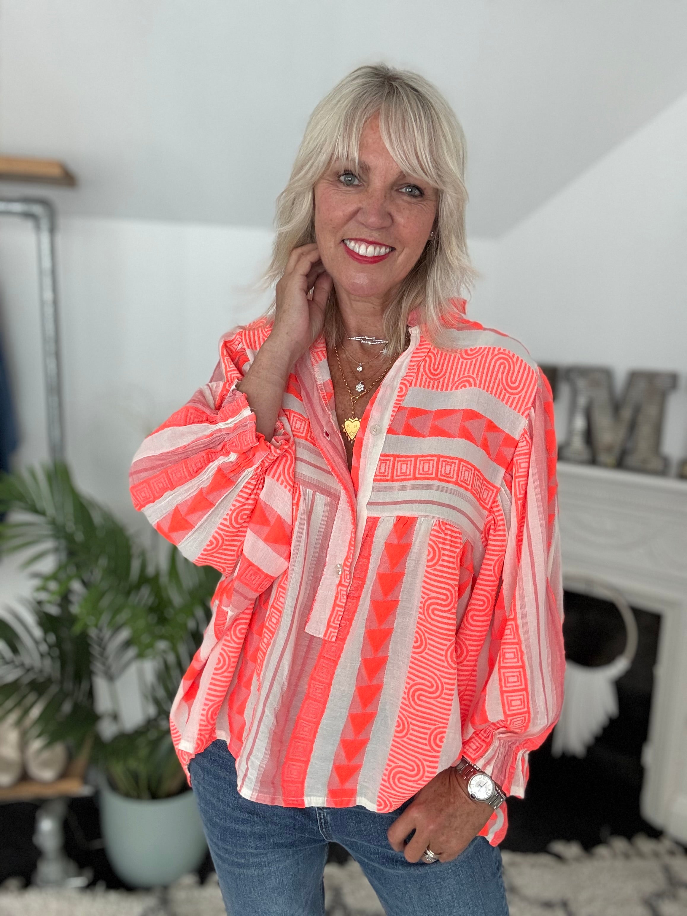 Embroidered Shirt in Neon Orange & Ivory