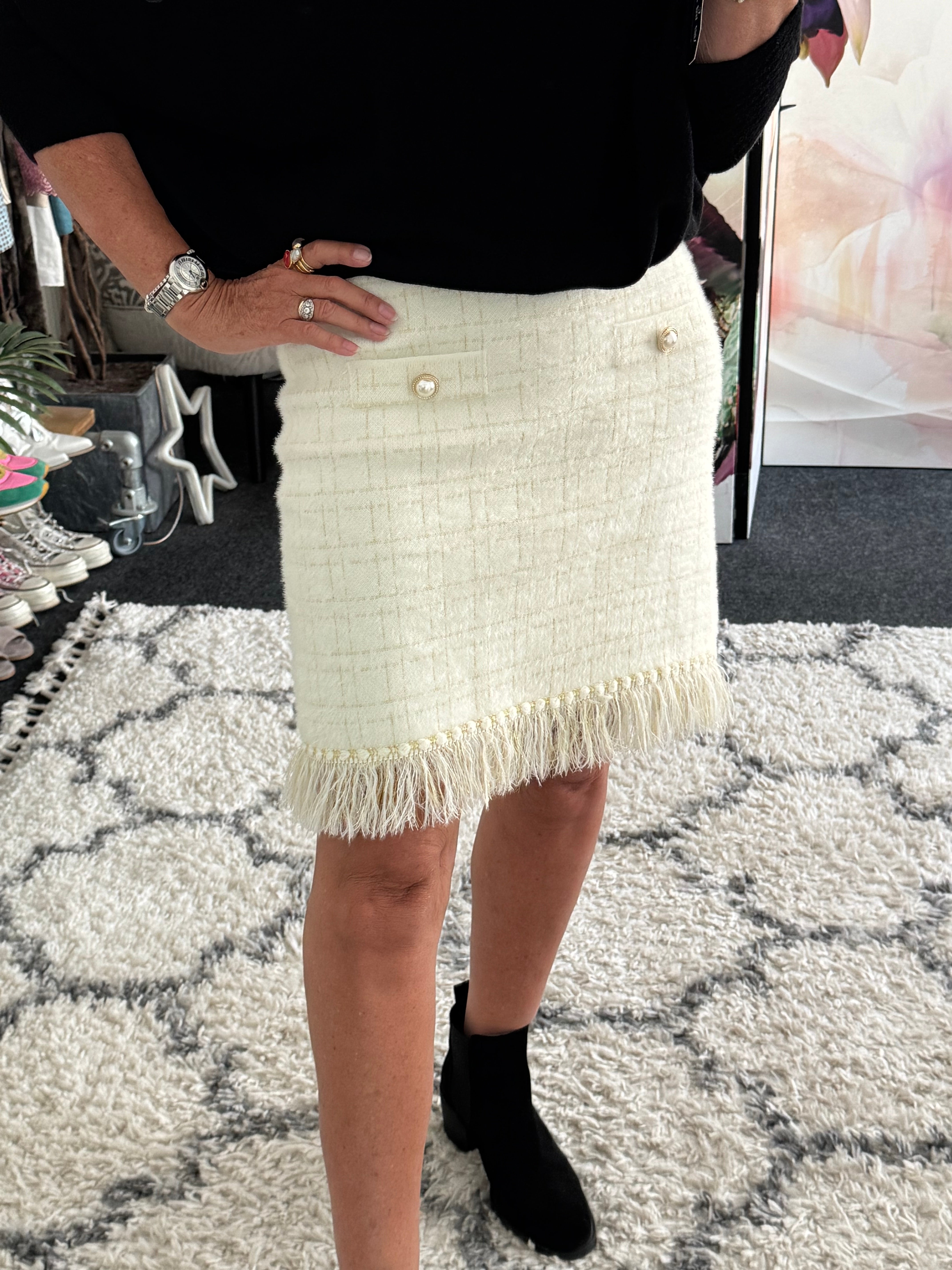 Pearl Button & Tweed Skirt in Ivory