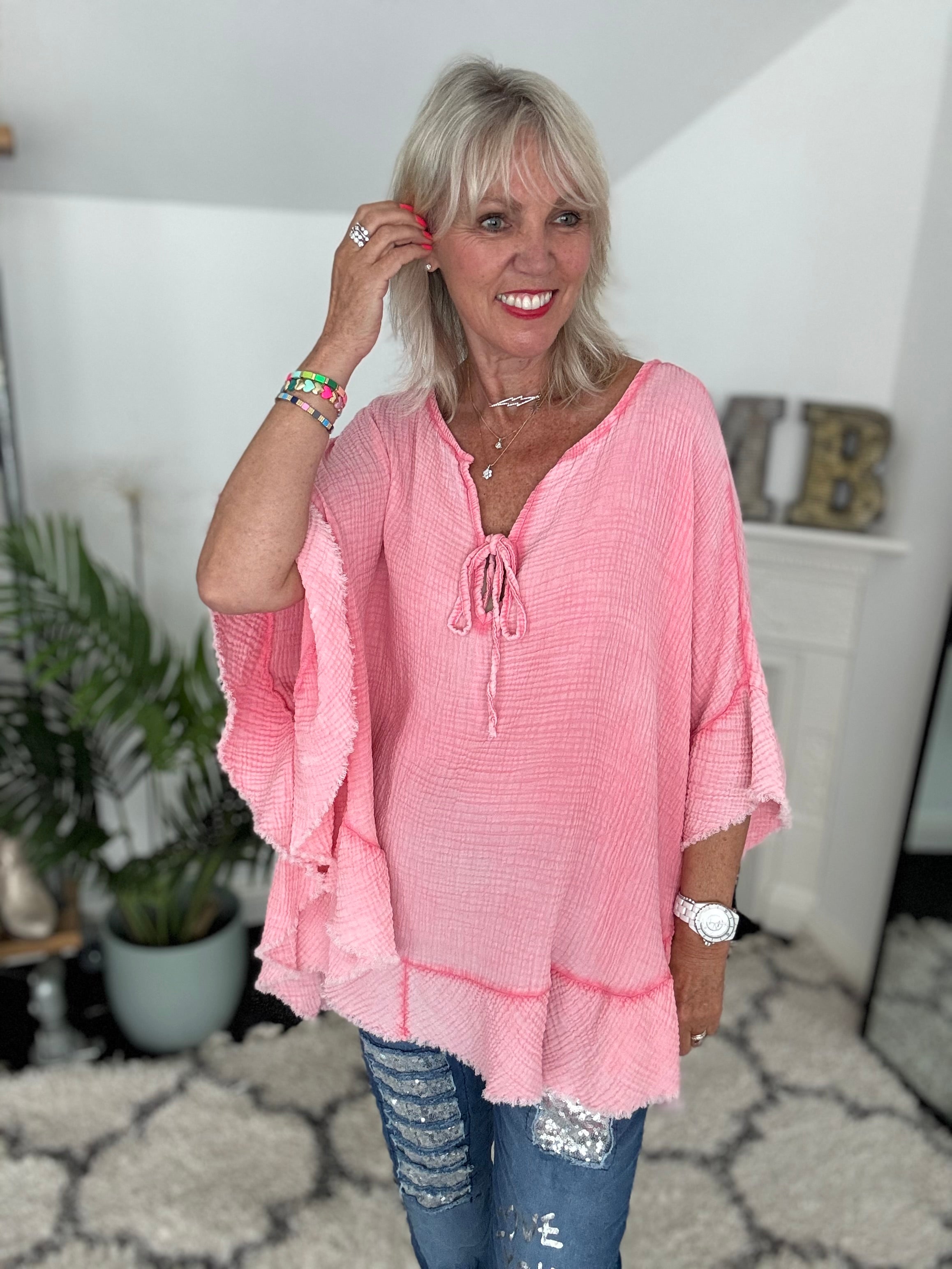Oversized Cheesecloth Top in Coral Pink
