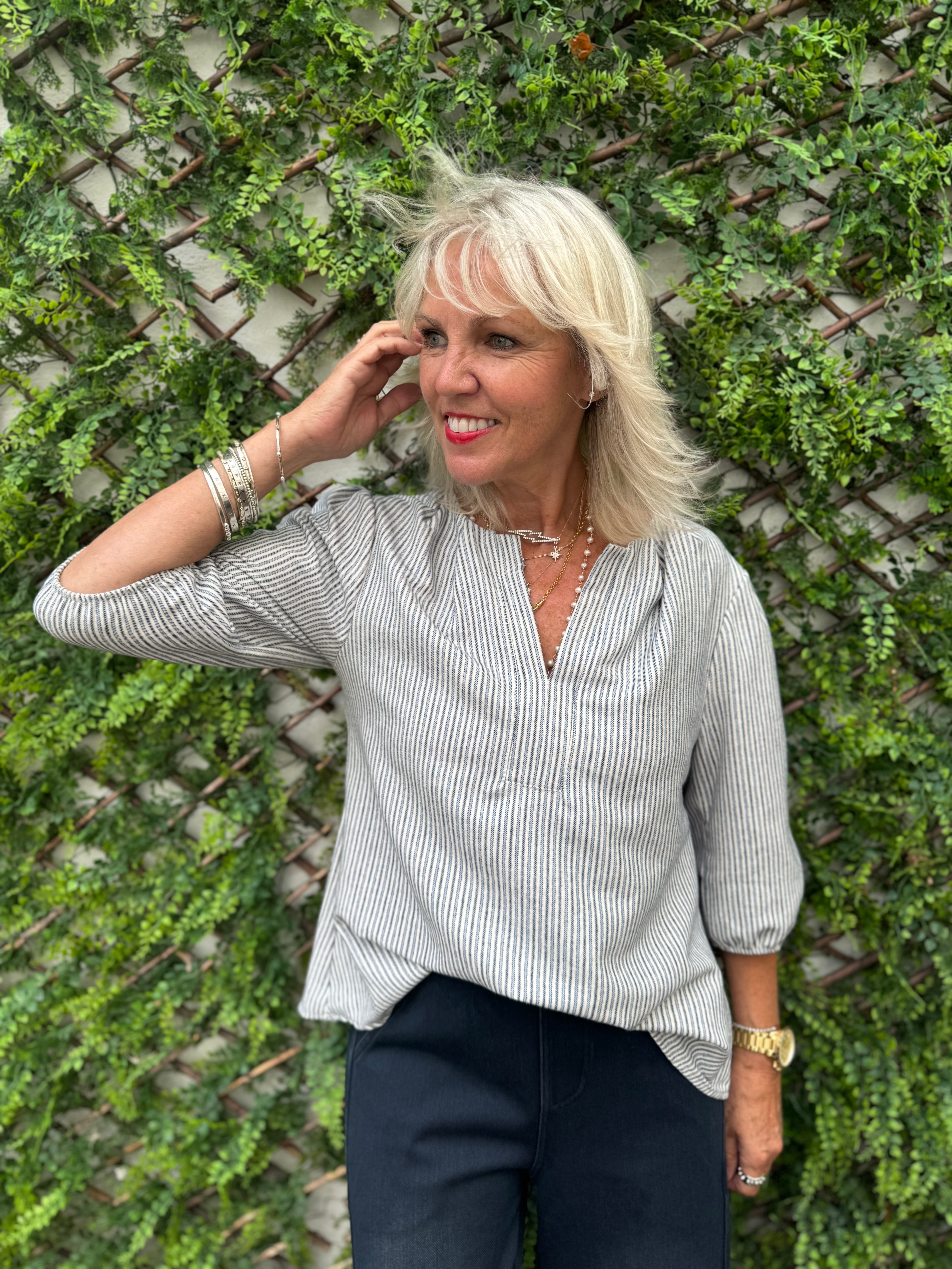 Brushed Cotton Stripe Blouse in Blue