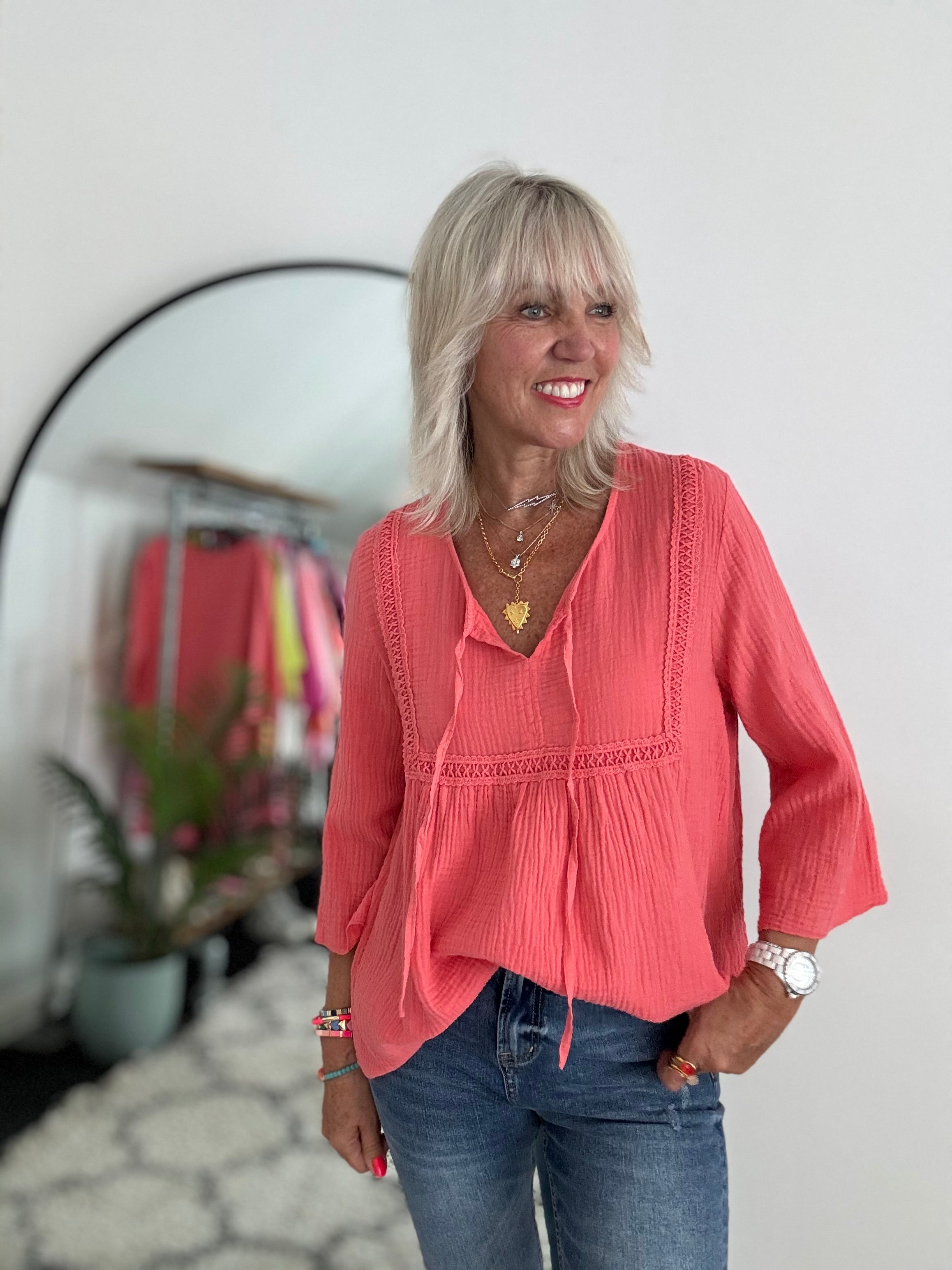 Cheesecloth Folk Blouse in Coral