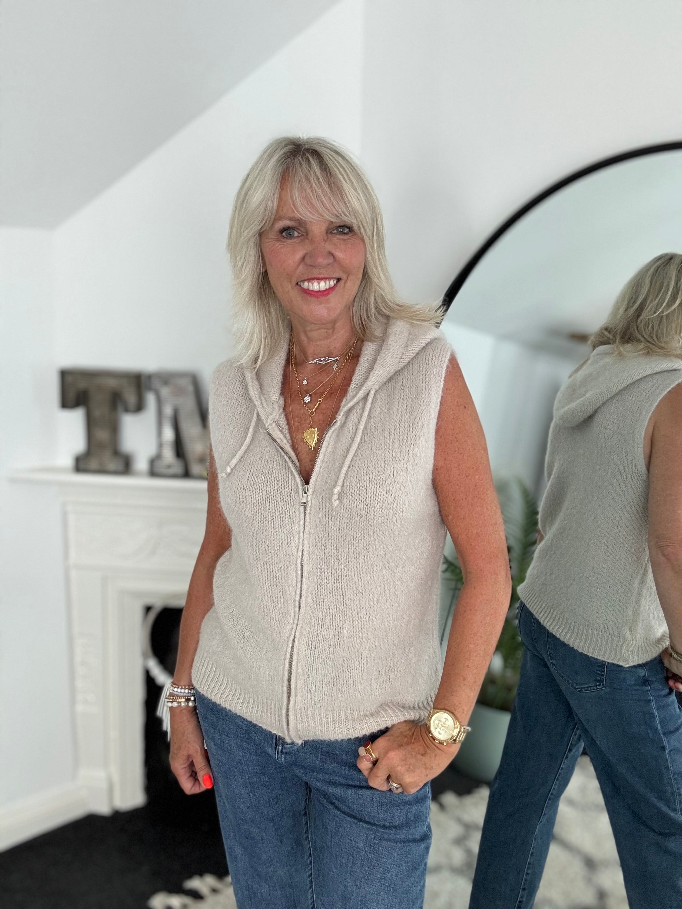 Hooded Mohair Gilet in Stone