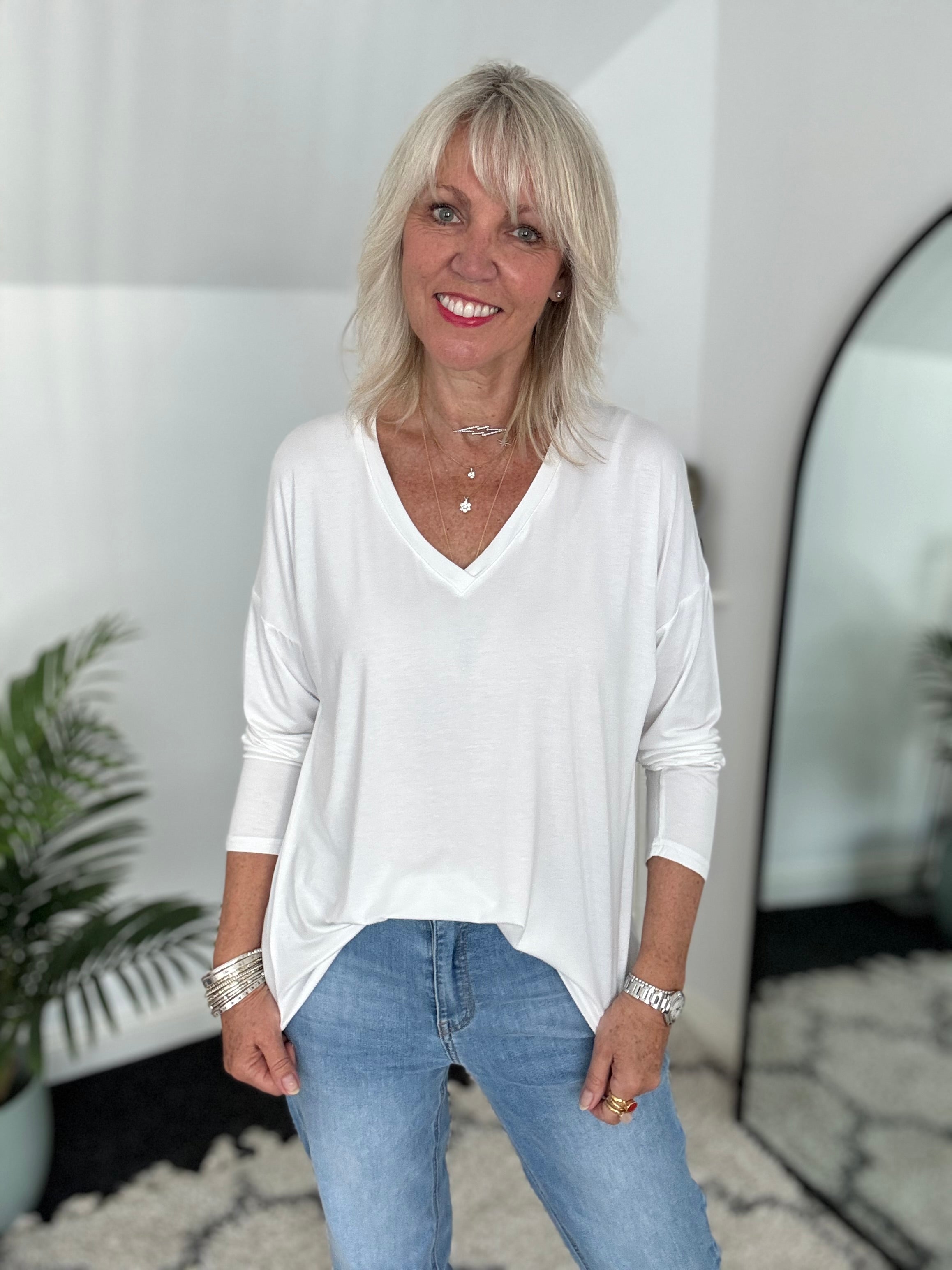 Bamboo Jersey V Neck Top in White