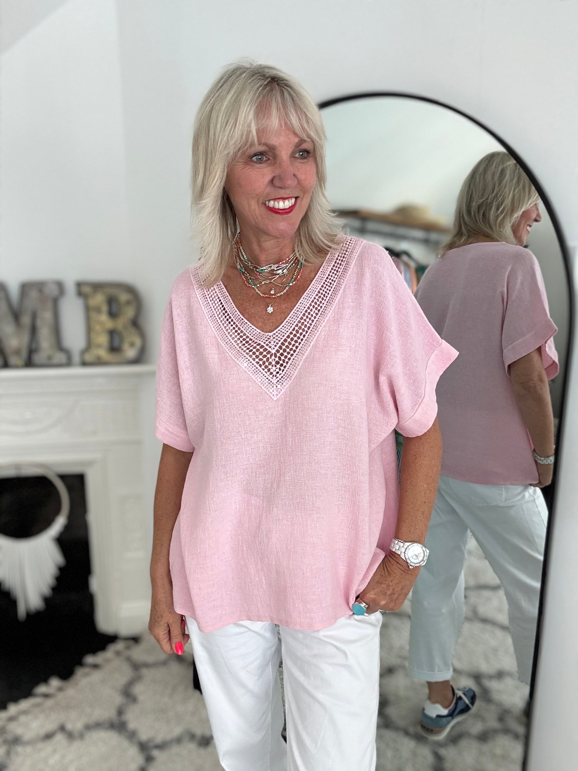 Linen & Cotton Top with Sequin Detail in Pink