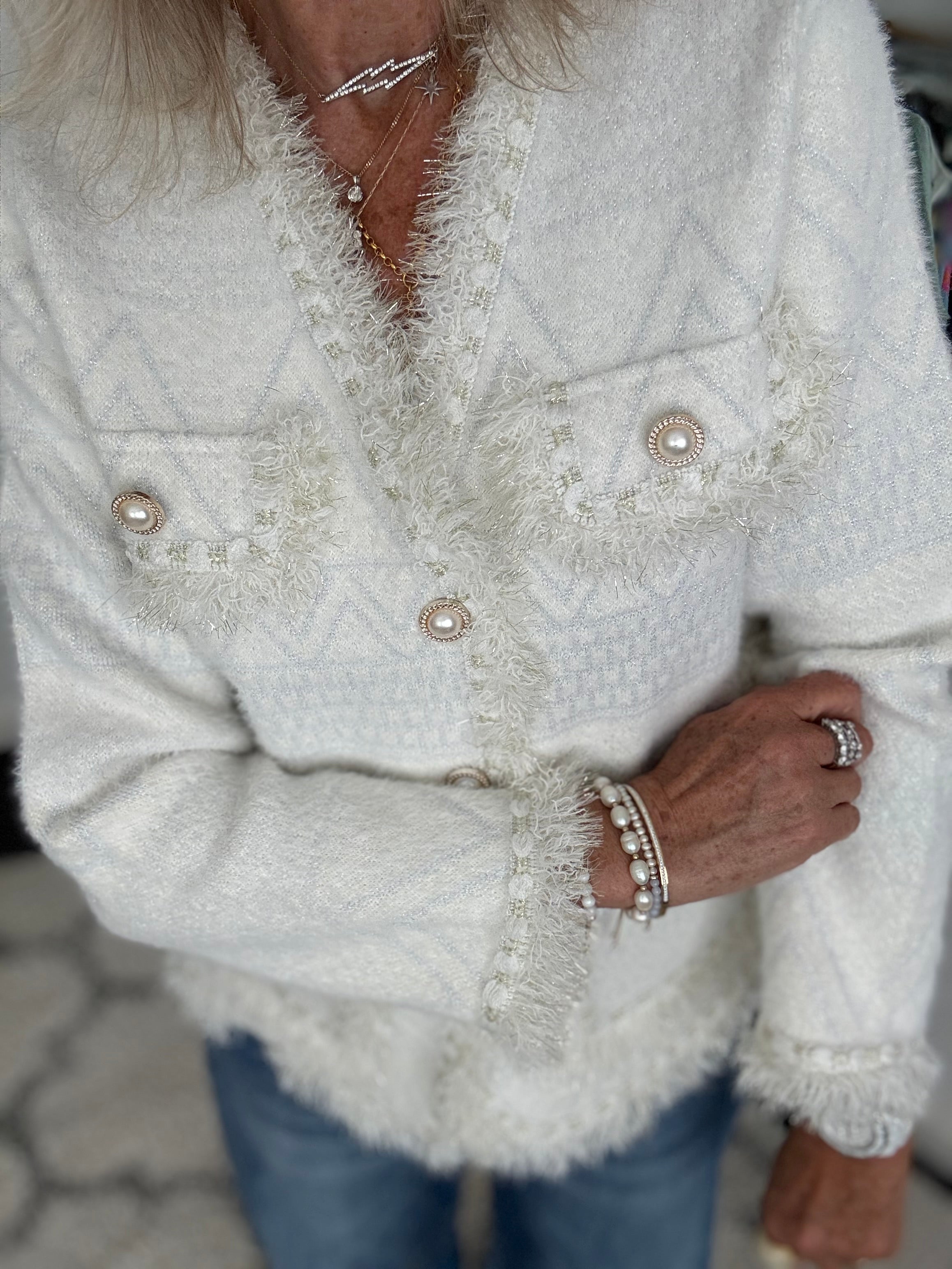 Pearl Button & Tweed Cardi Jacket in Ivory
