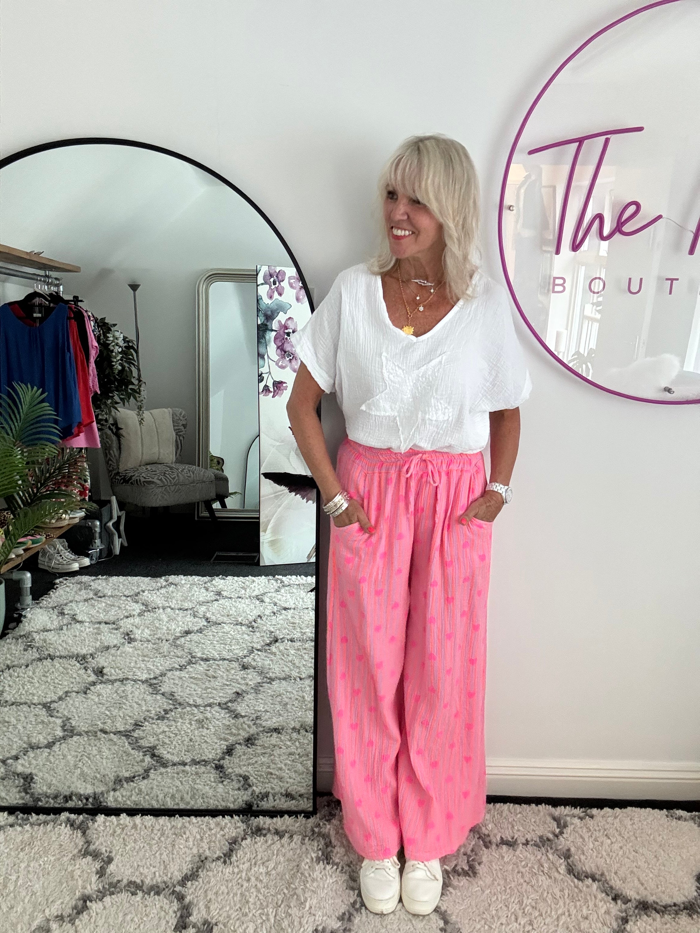 Wide Leg Cheesecloth Trousers in Orange & Pink