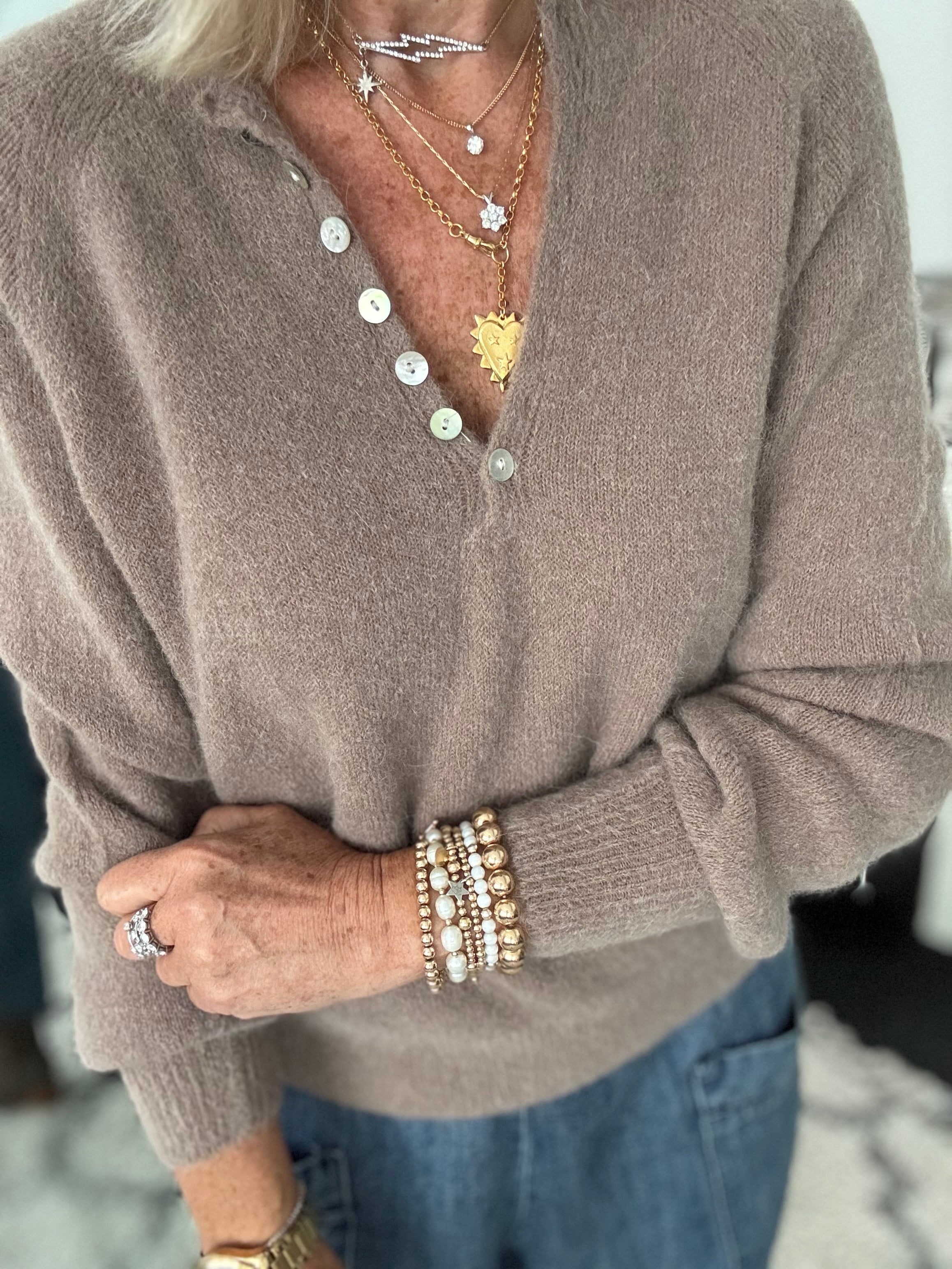 Softie Jumper with Button Neck in Soft Mocha