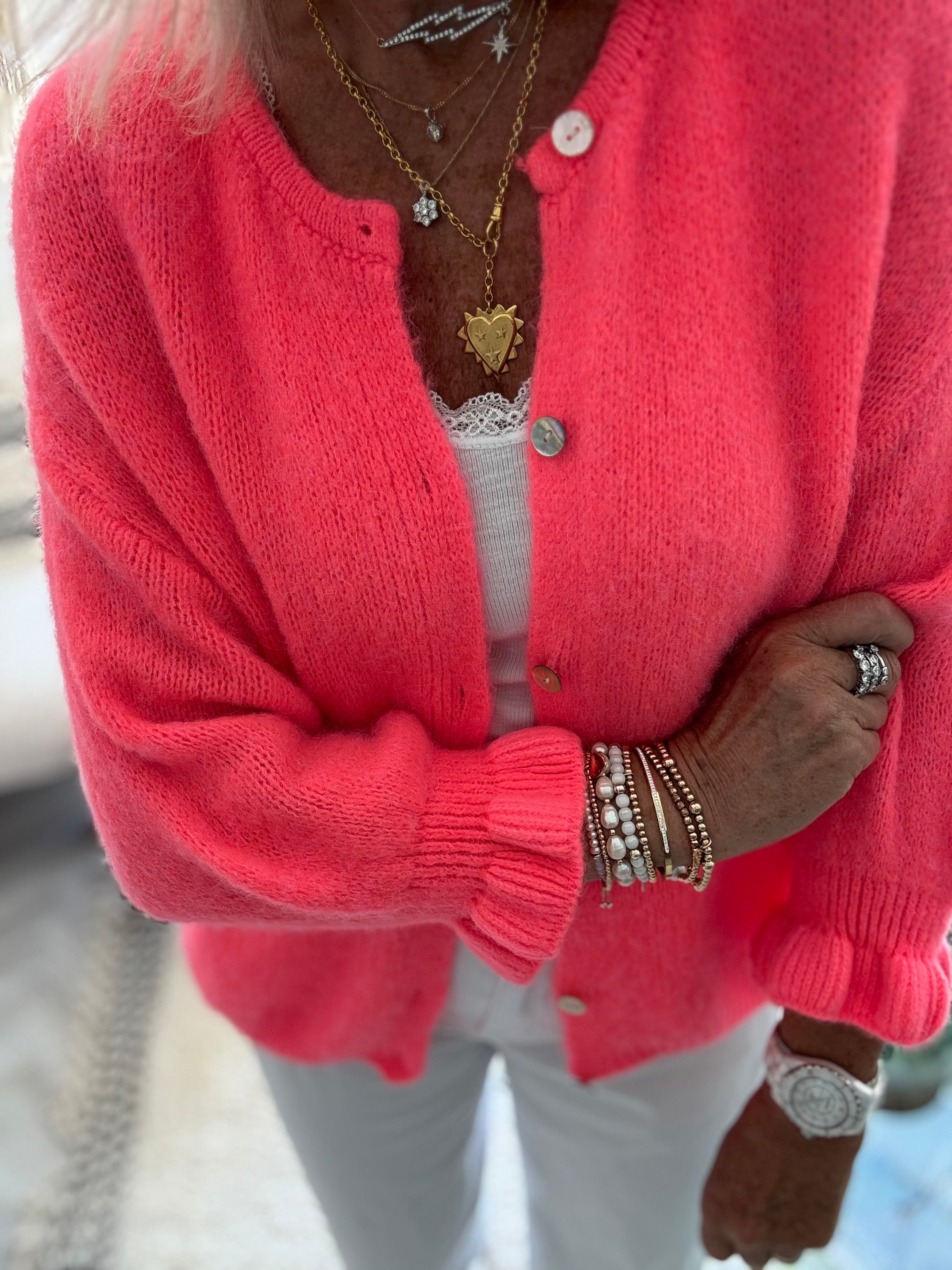Alpaca Cardi with Frill Cuffs in Neon Coral