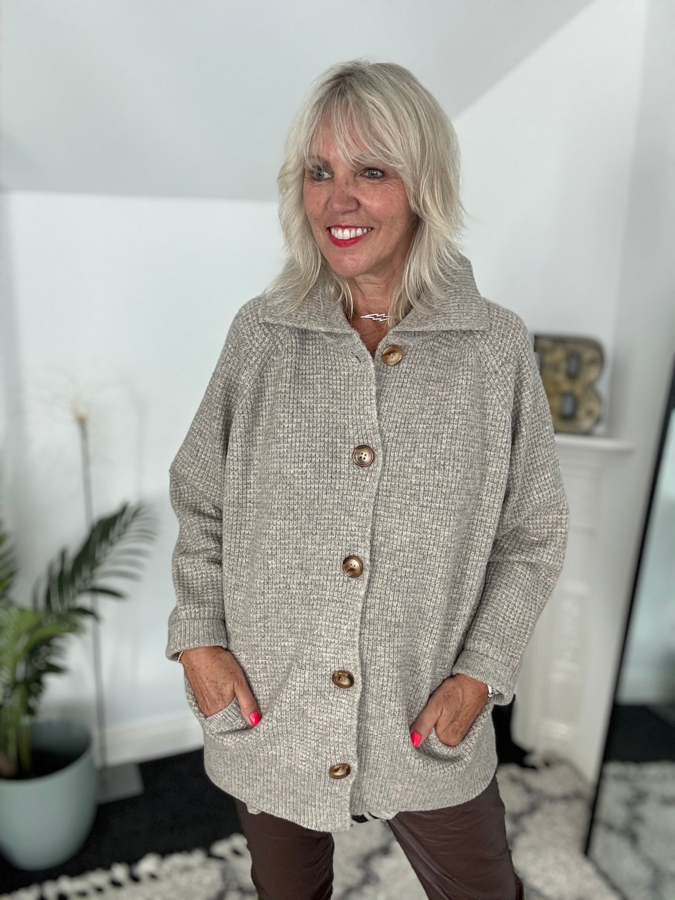 Fisherman Rib Knitted Jacket in Stone