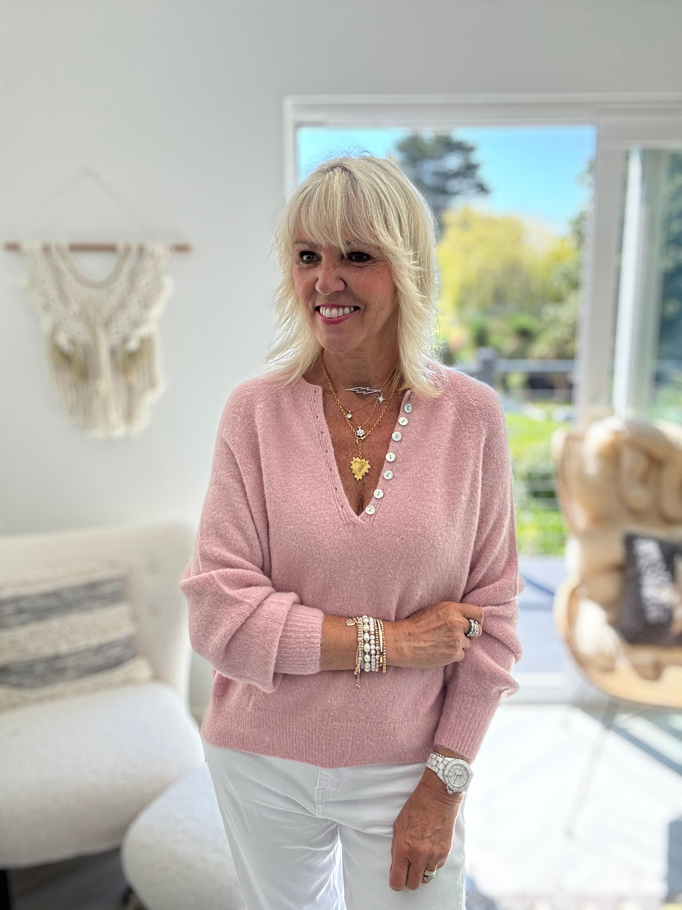 Softie Jumper with Button Neck in Soft Pink