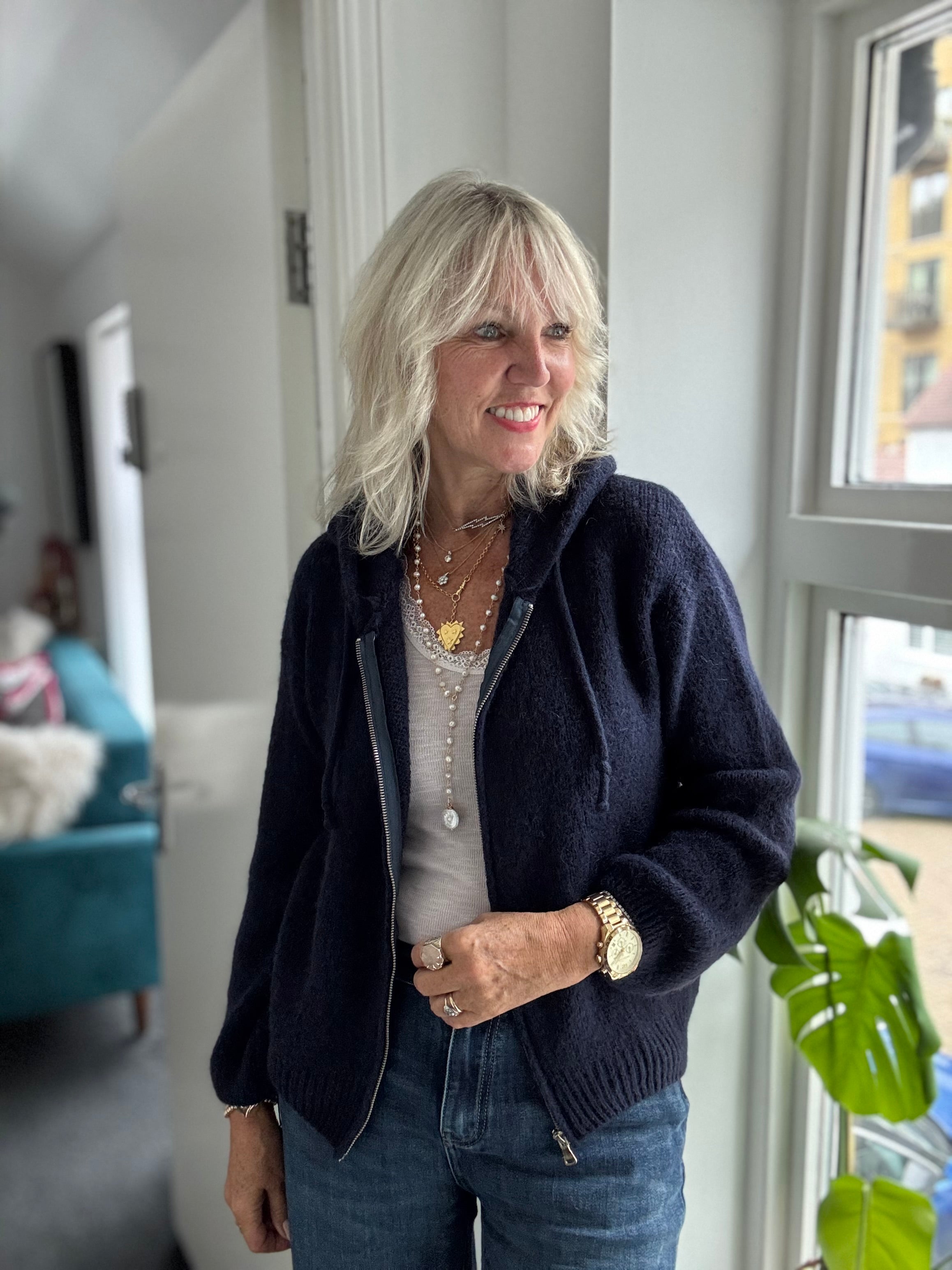 Hooded Zipped Mohair Jumper in Ink Blue