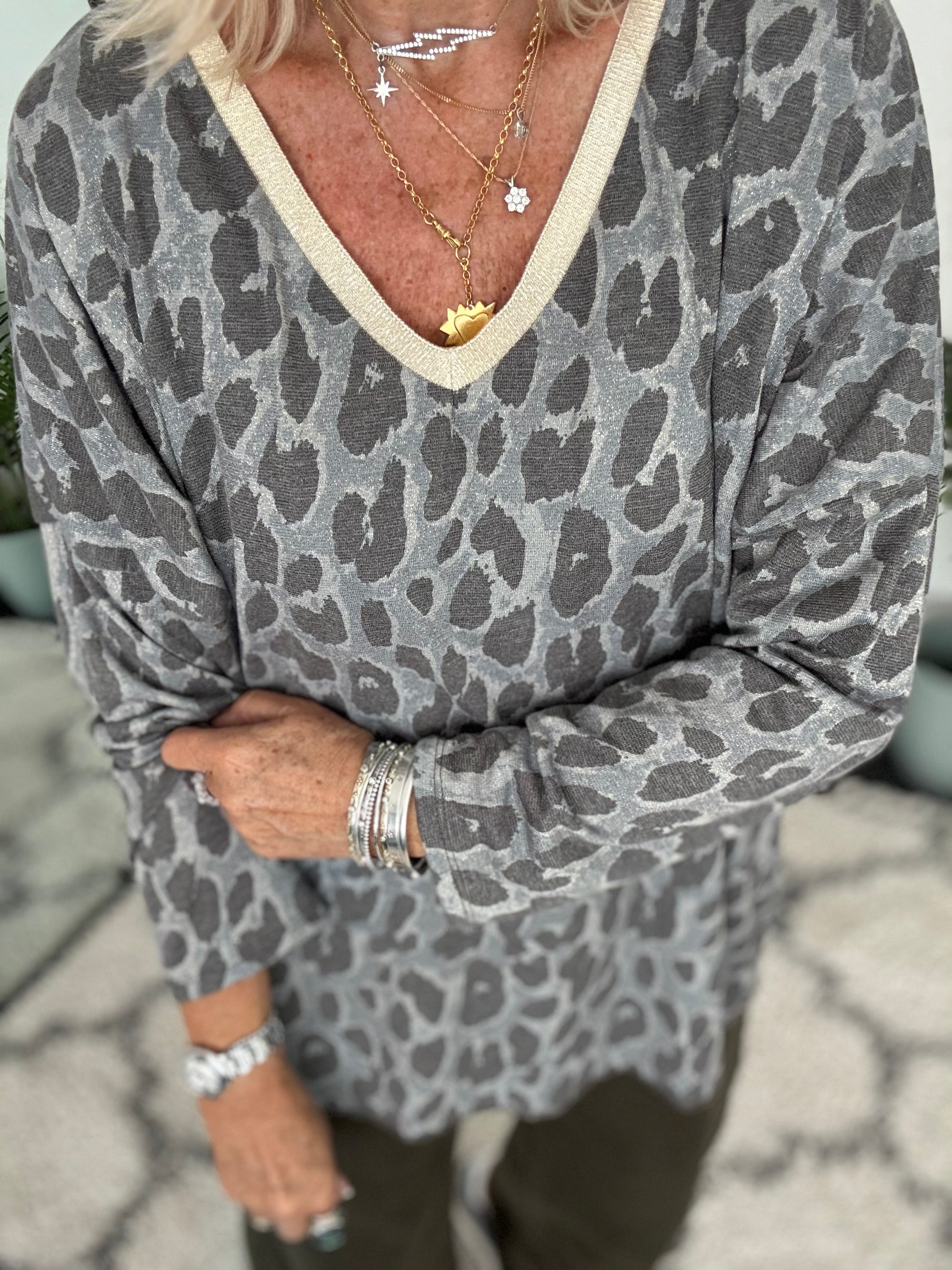 Oversized Leopard Print Top in Grey