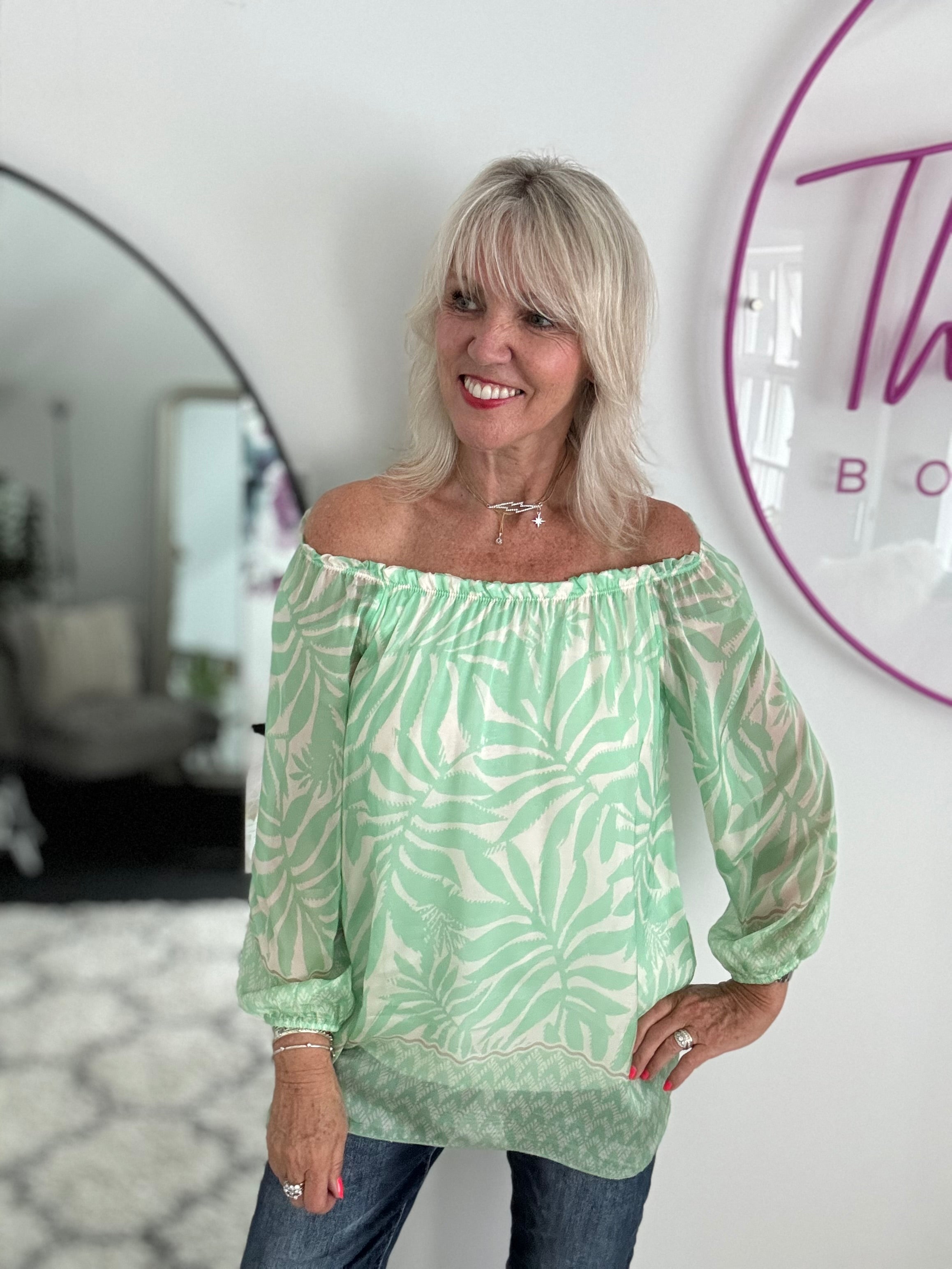 Silk Top in Mint & Ivory