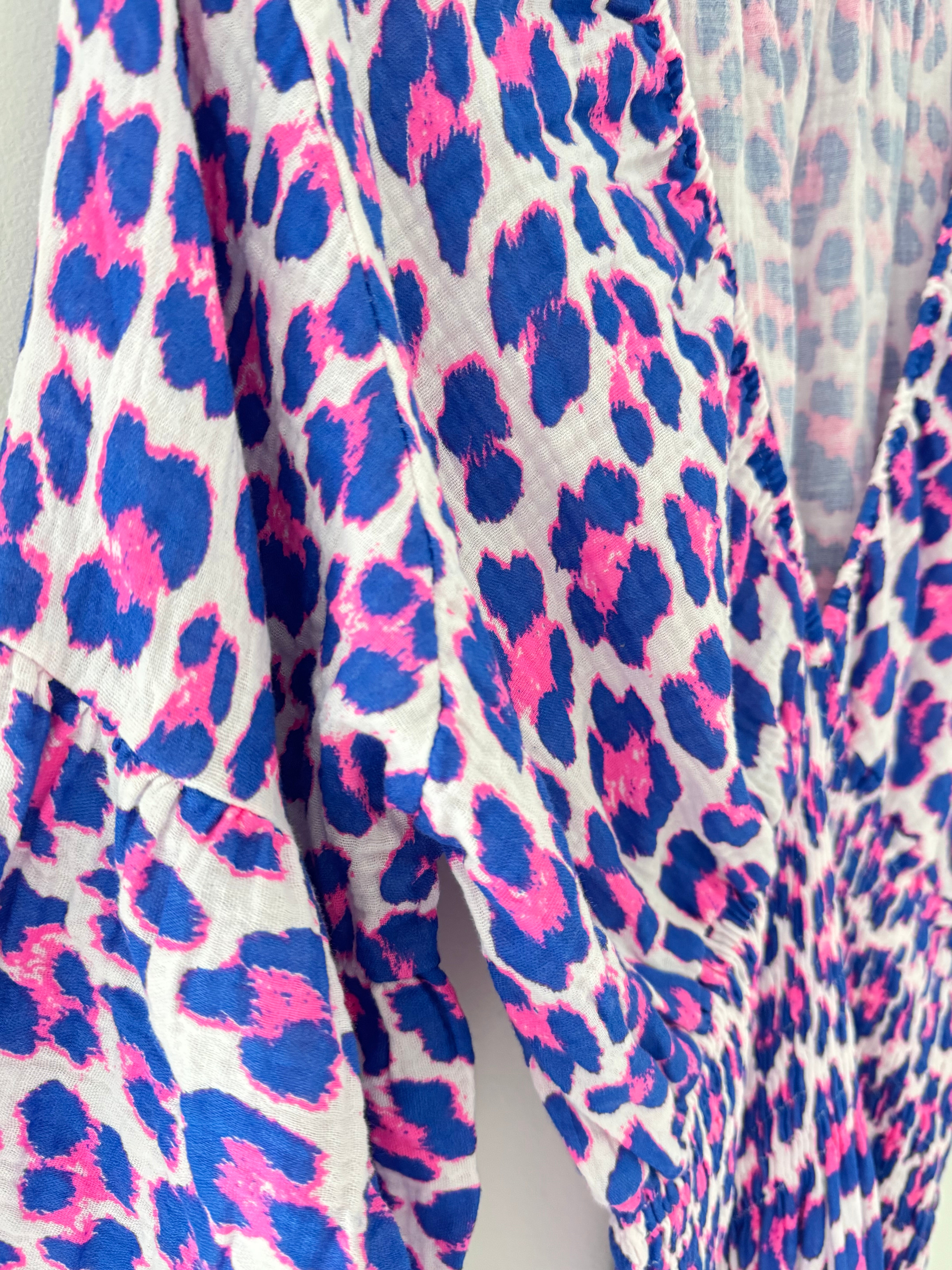 Cheesecloth Midi Dress in Royal & Neon Pink Leopard