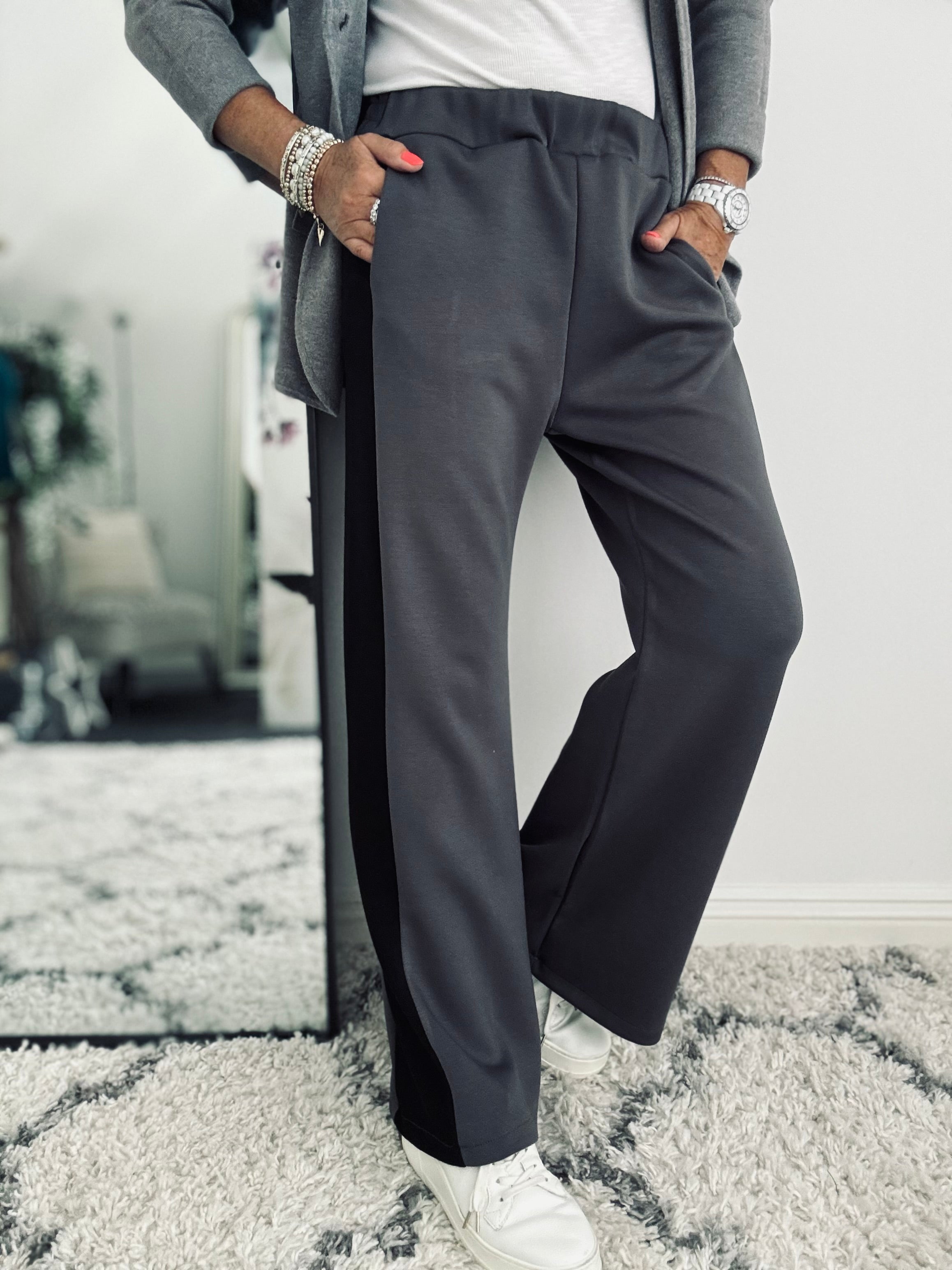 Stretch Trousers with Side Stripe in Charcoal & Black