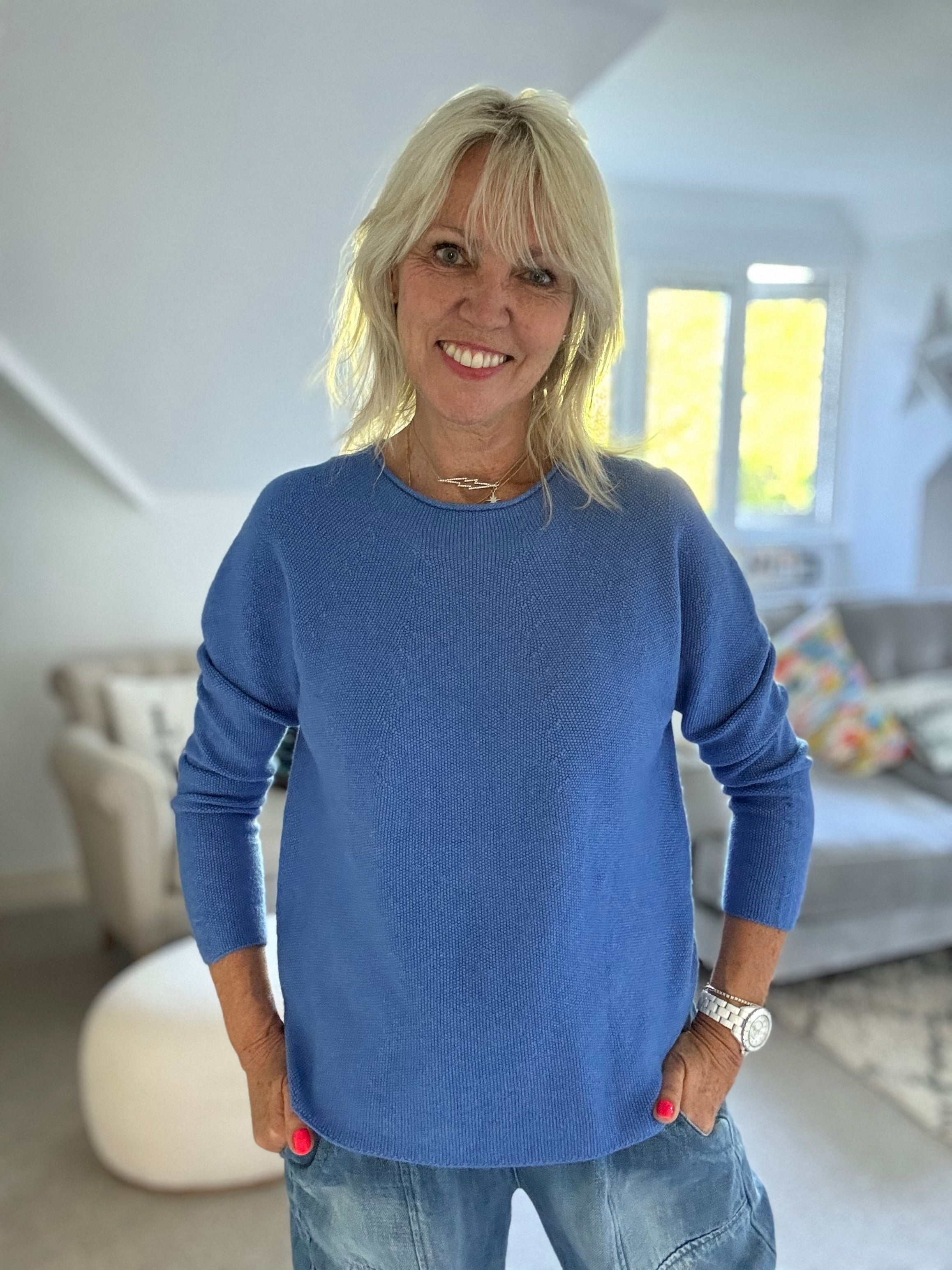 Moss Stitch Jumper with Ladder Back in Sky Blue