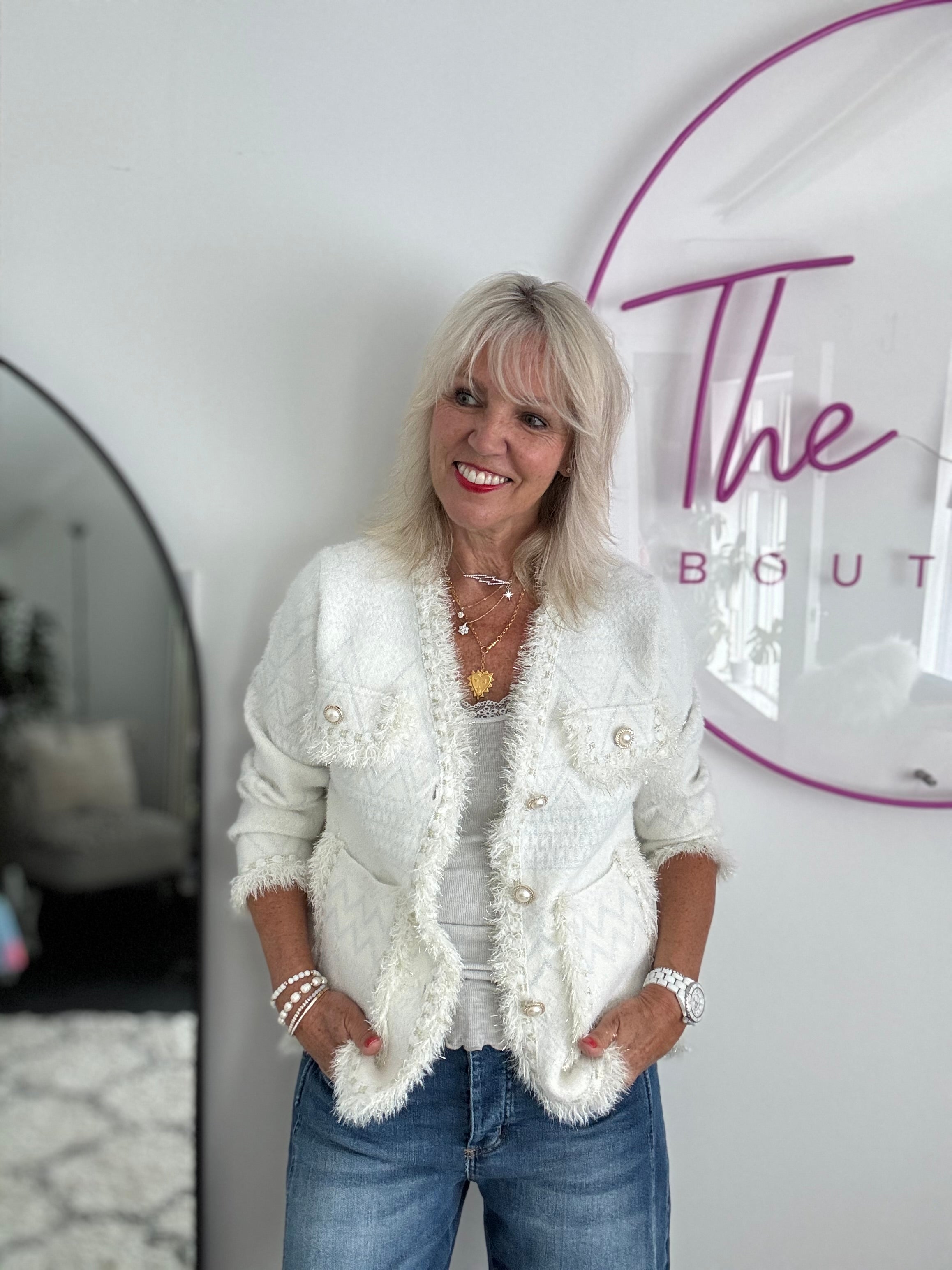 Pearl Button & Tweed Cardi Jacket in Ivory