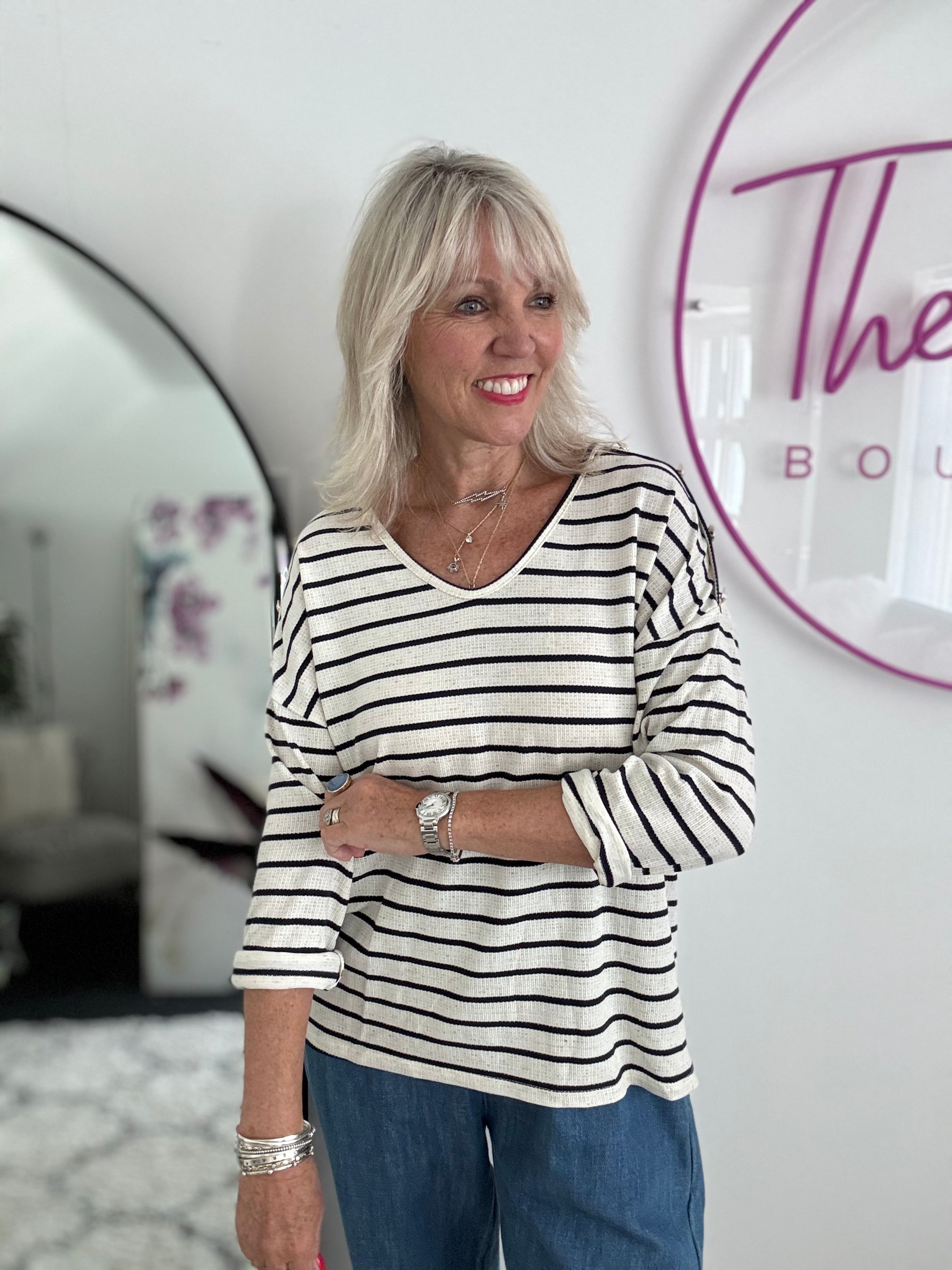 Stripe Knit with Gold Buttons in Ink & Ivory