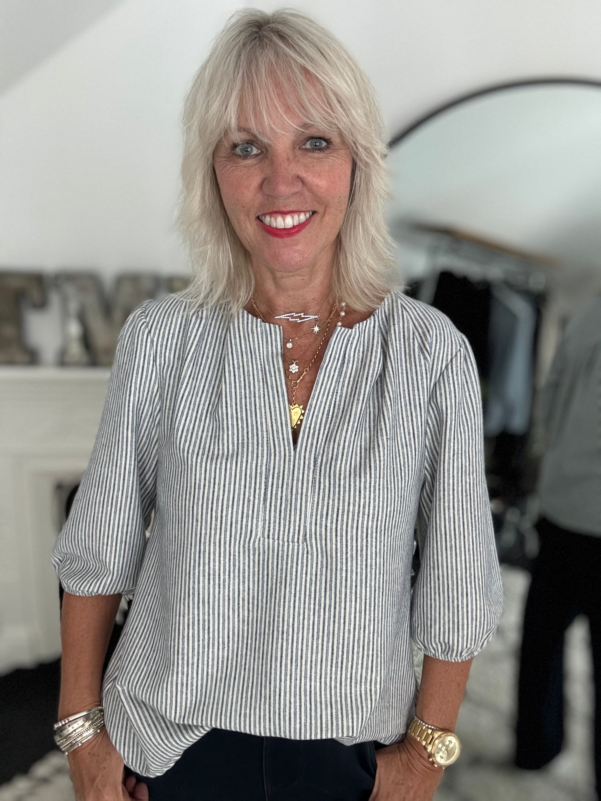 Brushed Cotton Stripe Blouse in Blue