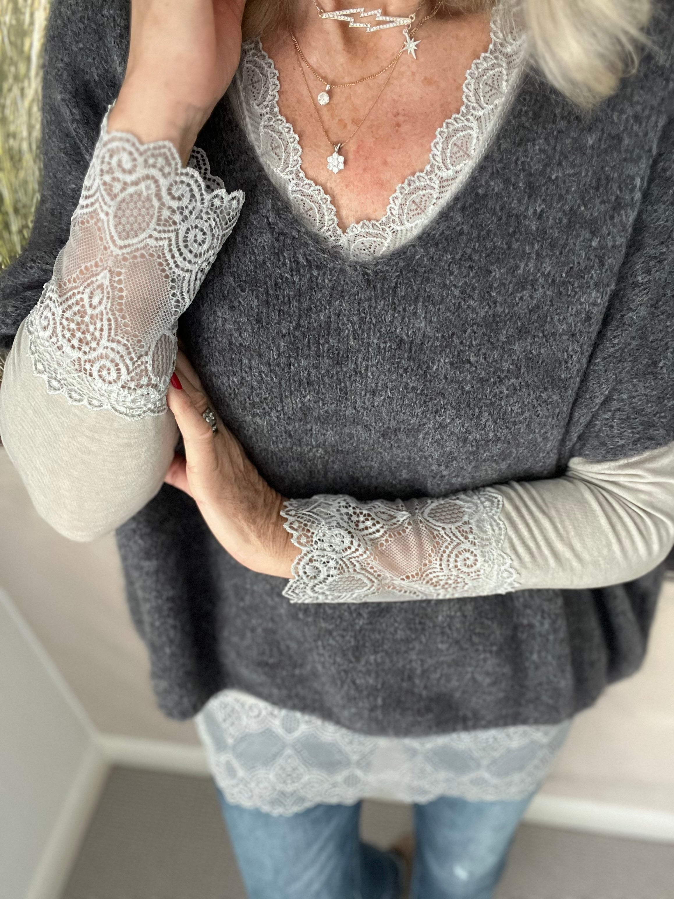 Luxe Base Top with Lace Trim in Pebble Grey