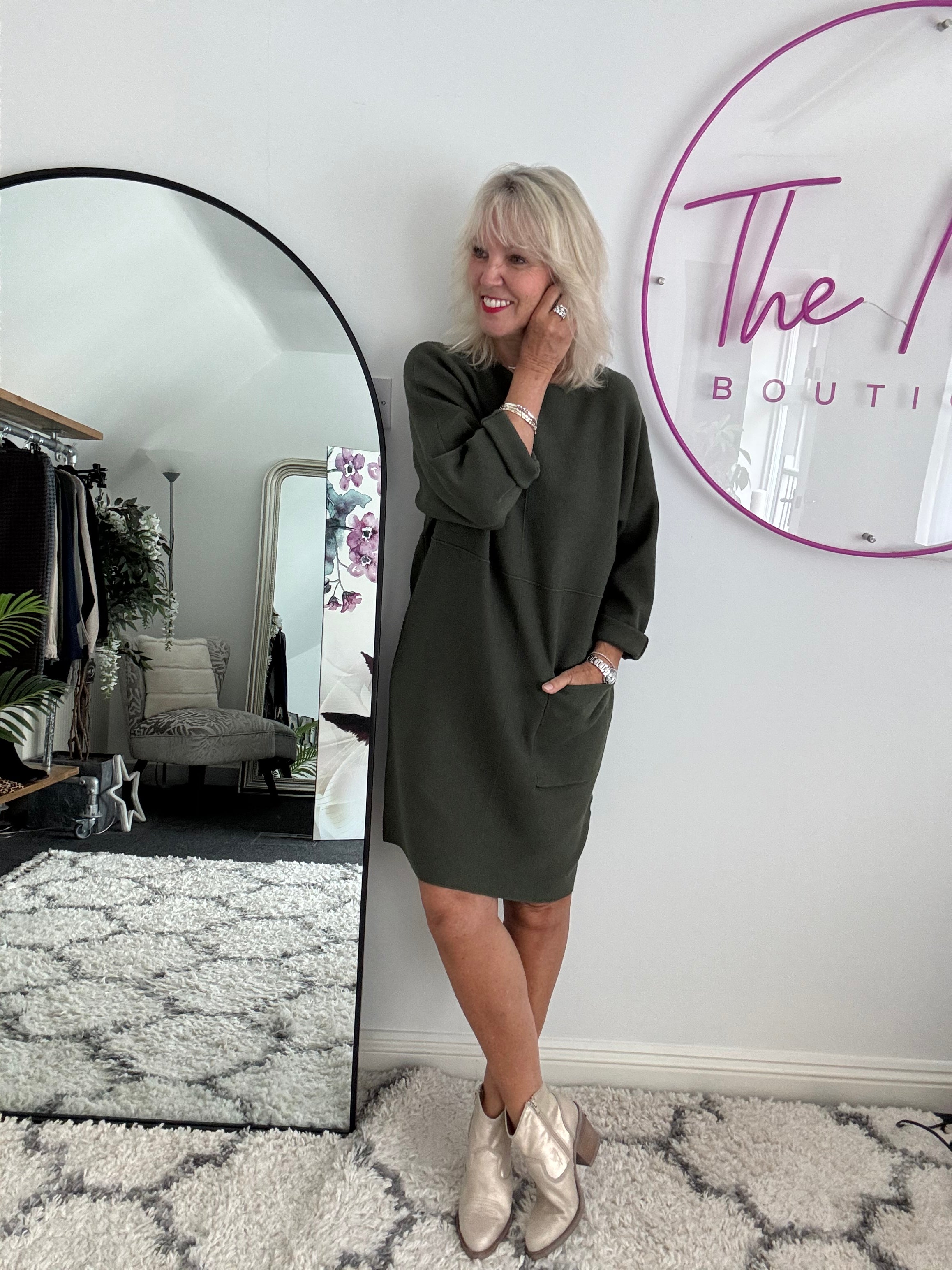Luxe Knitted Pocket Dress in Khaki
