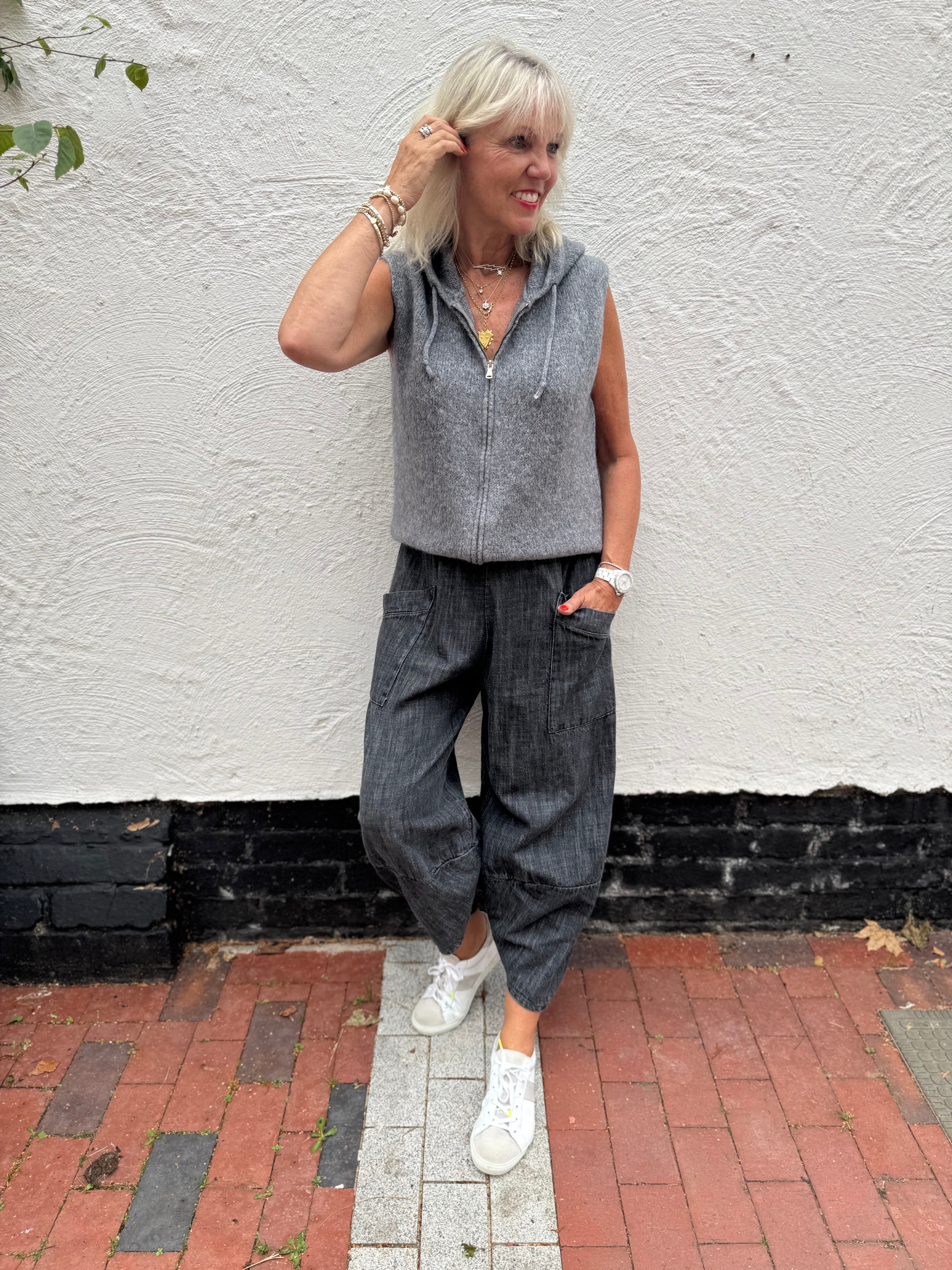 Premium Barrel Leg Trousers in Washed Black Denim
