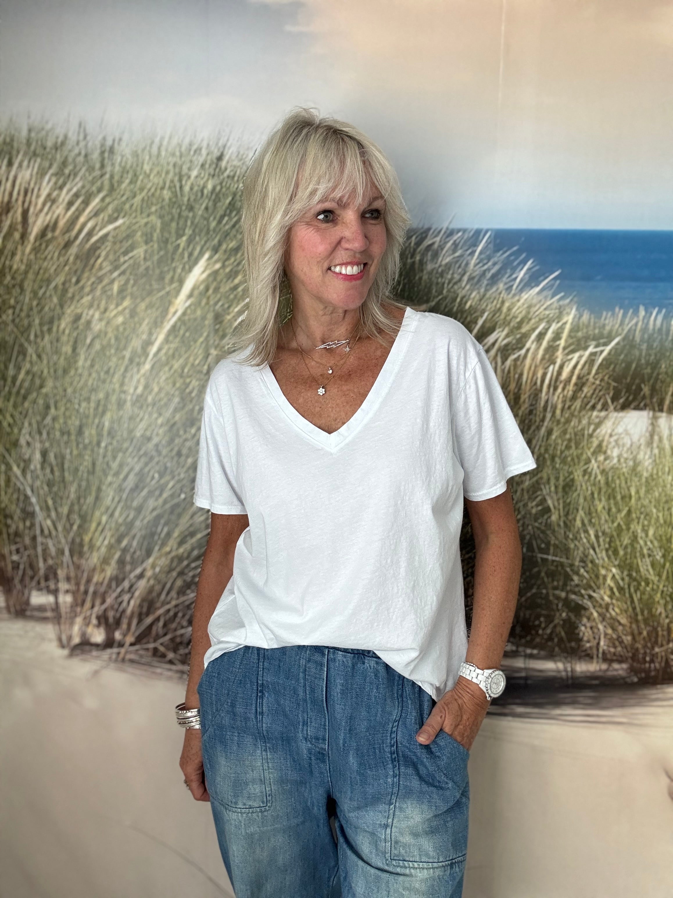 Cotton V Neck Tee in White