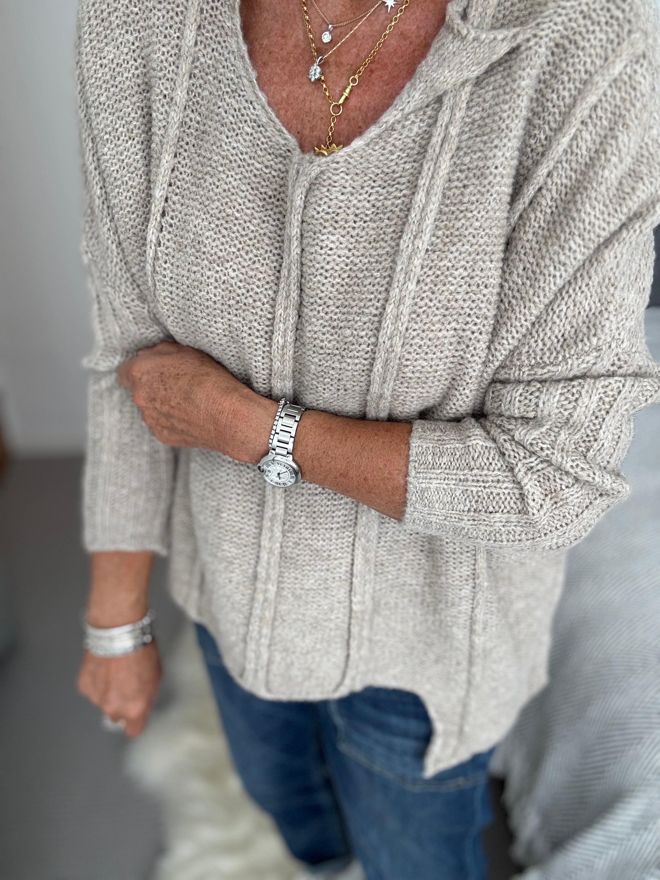 Hi Lo Ribbed Jumper in Stone