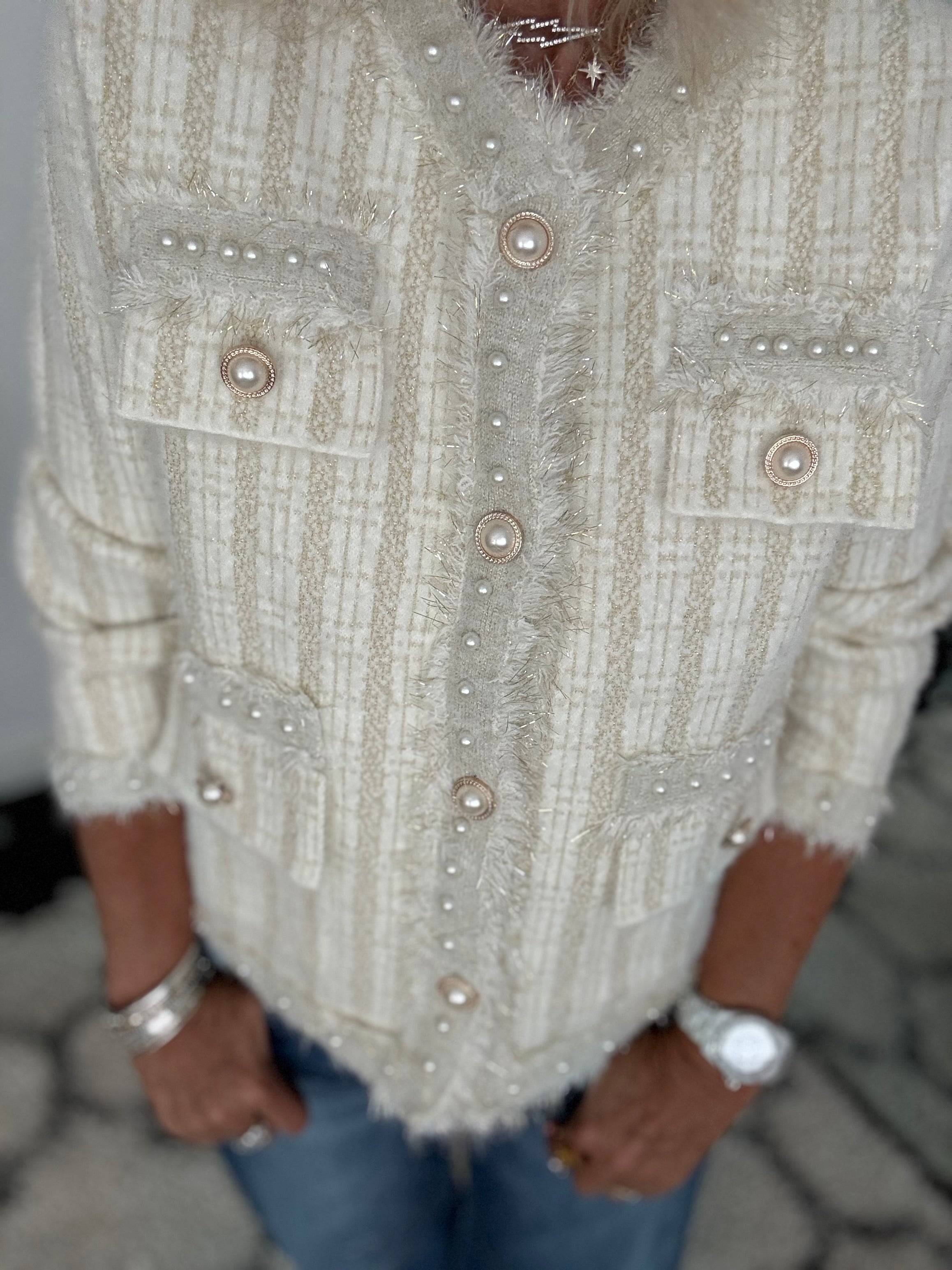 Pearl Button & Tweed Cardi Jacket in Ivory & Gold
