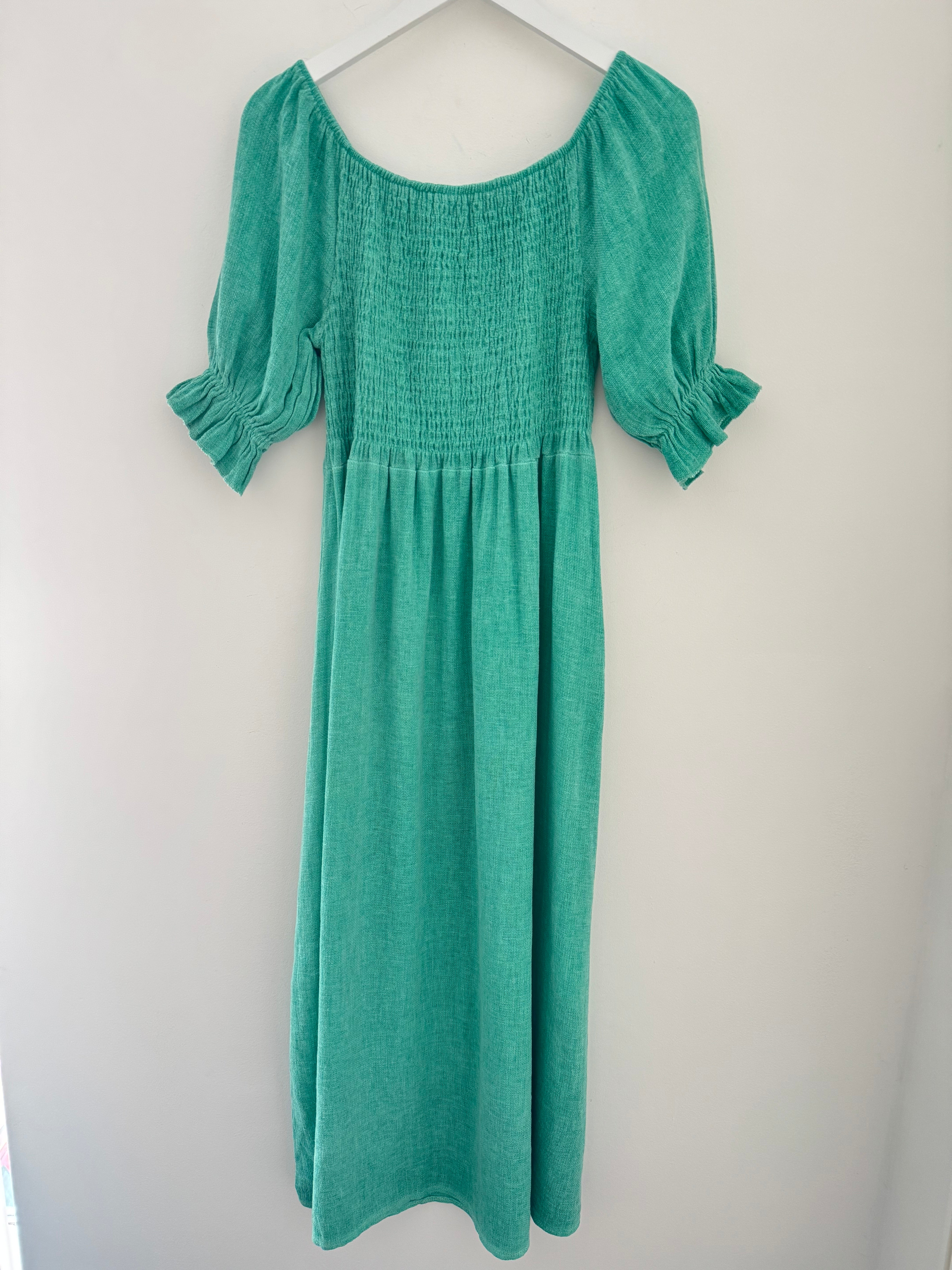 Cotton & Linen Shirred Dress in Ocean Green