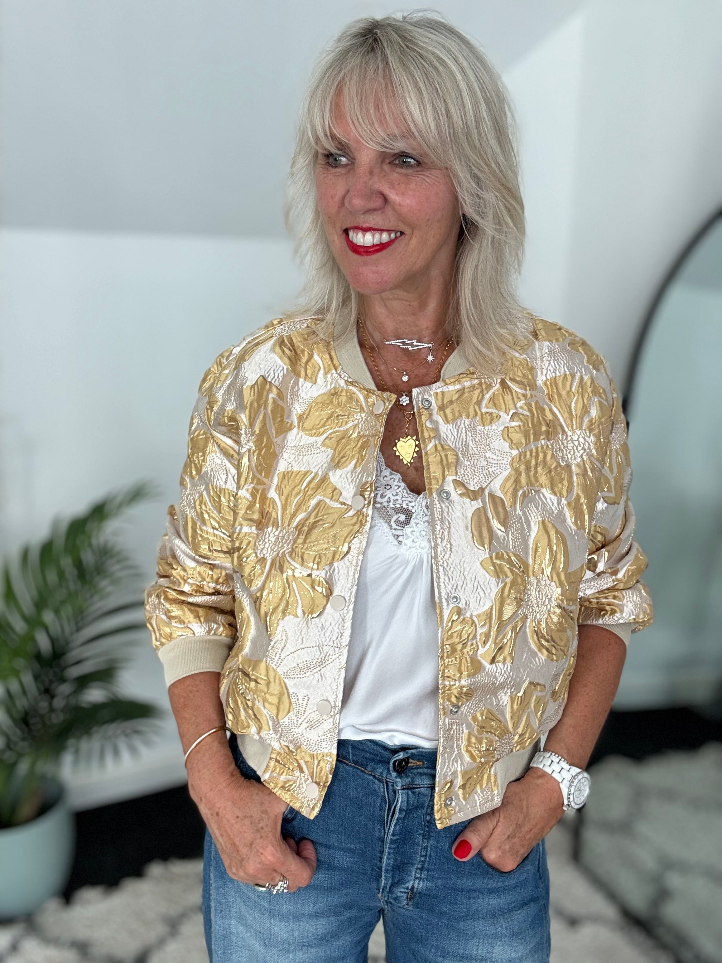 Luxe Bomber Jacket in Gold & Ecru