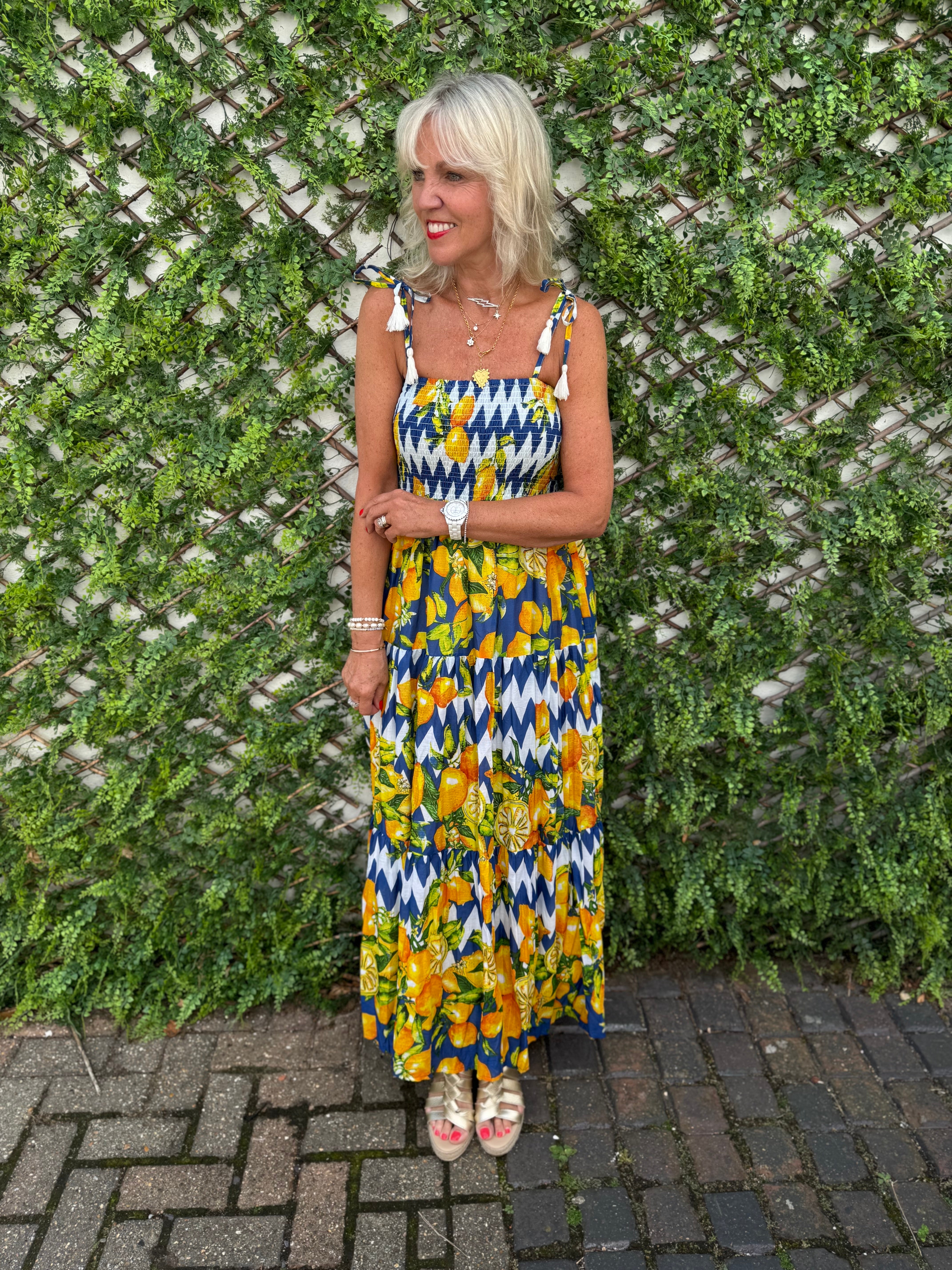 Lemon Print Tiered Midi Sundress