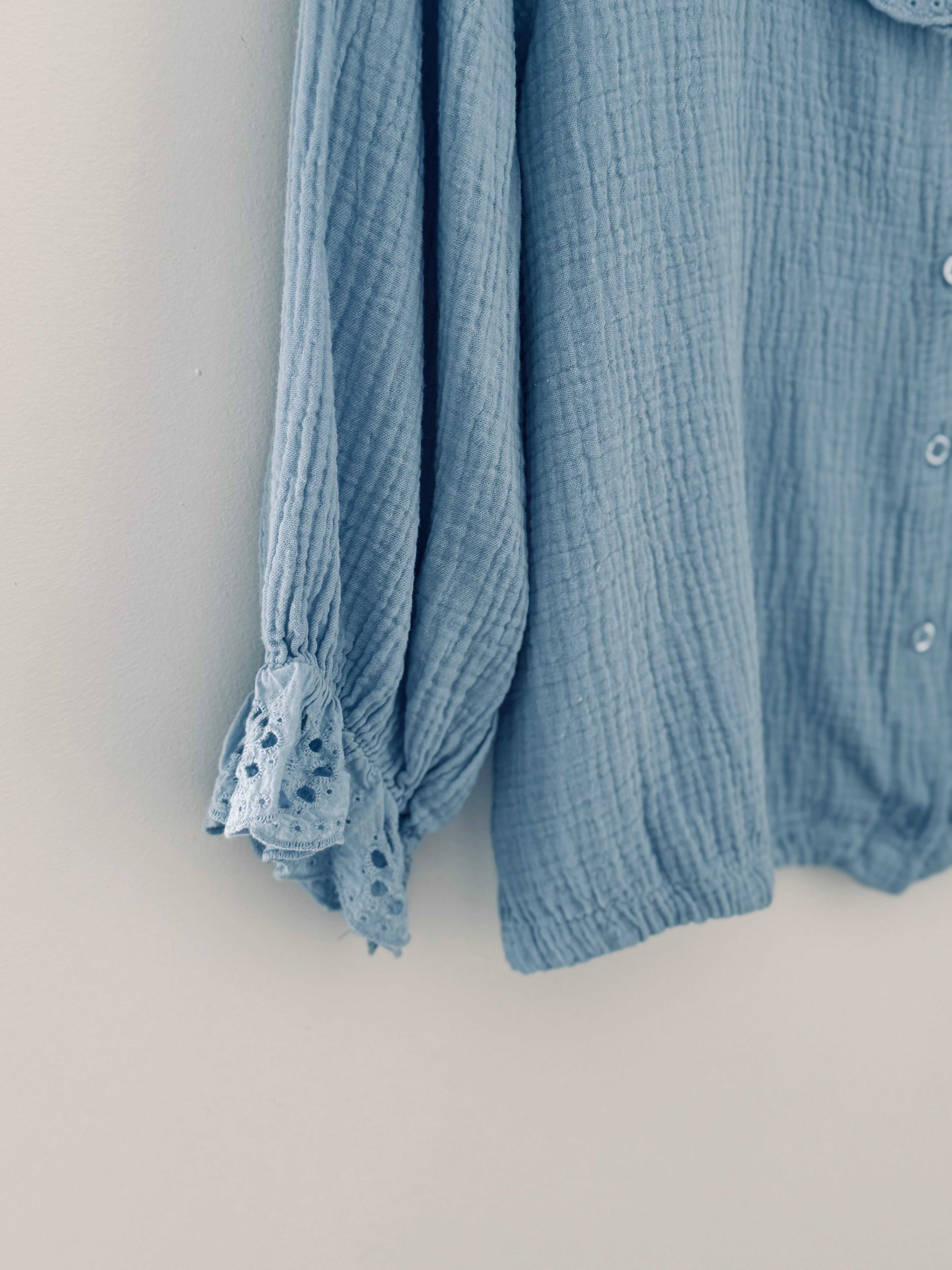Cheesecloth Blouse with Broderie Collar in Blue