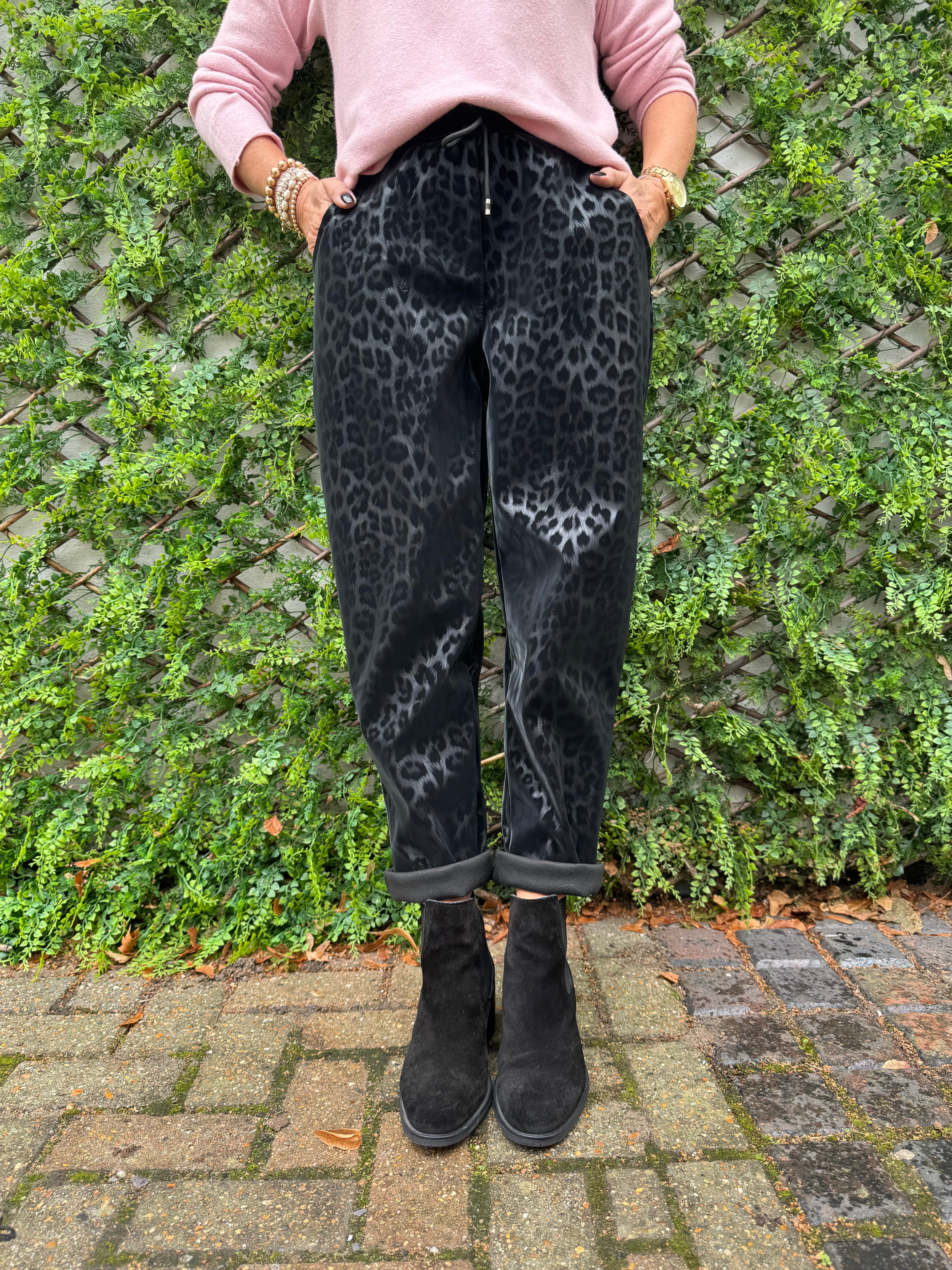 Faux Leather Leopard Print Joggers in Black