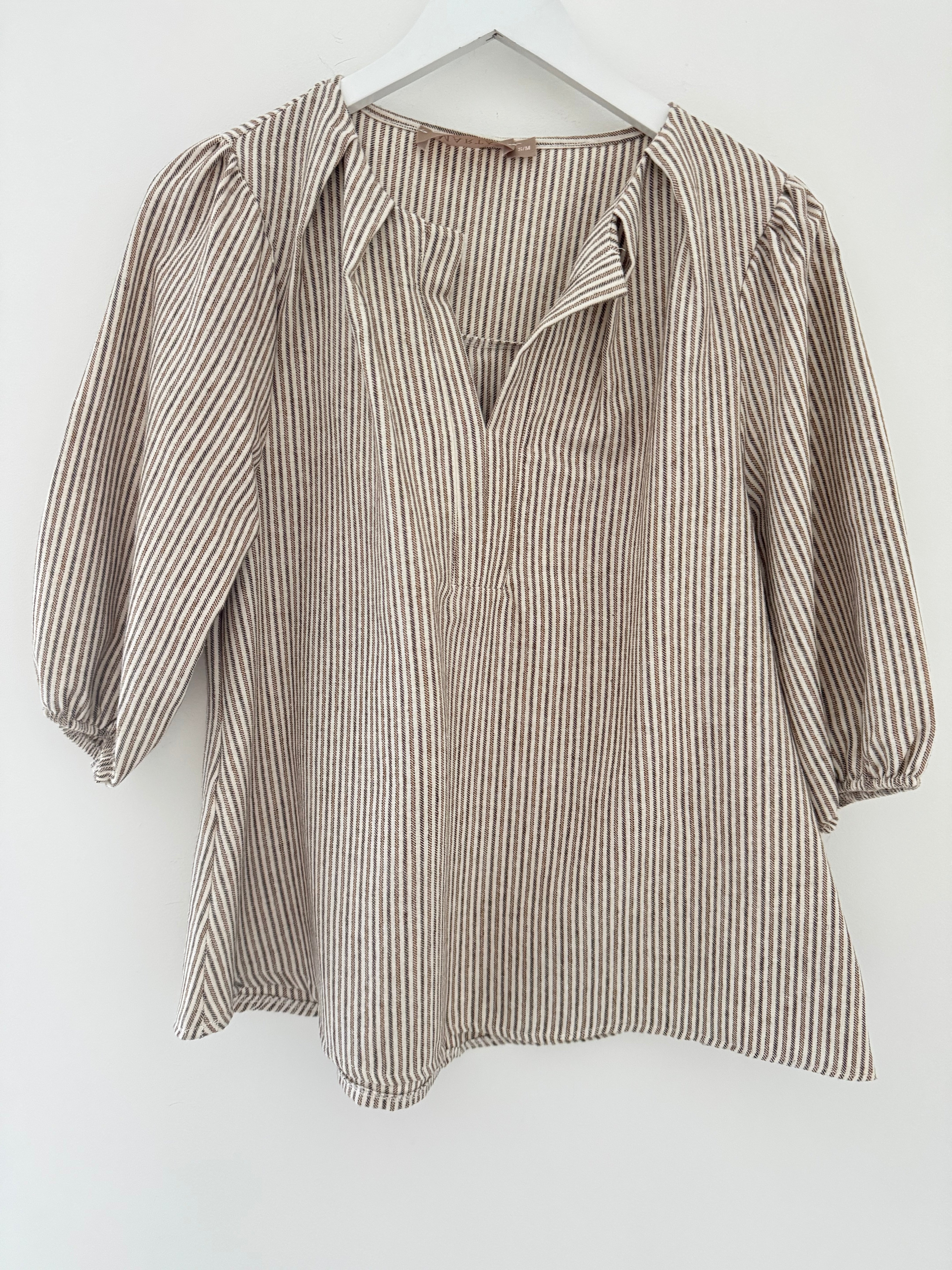 Brushed Cotton Stripe Blouse in Light Mocha