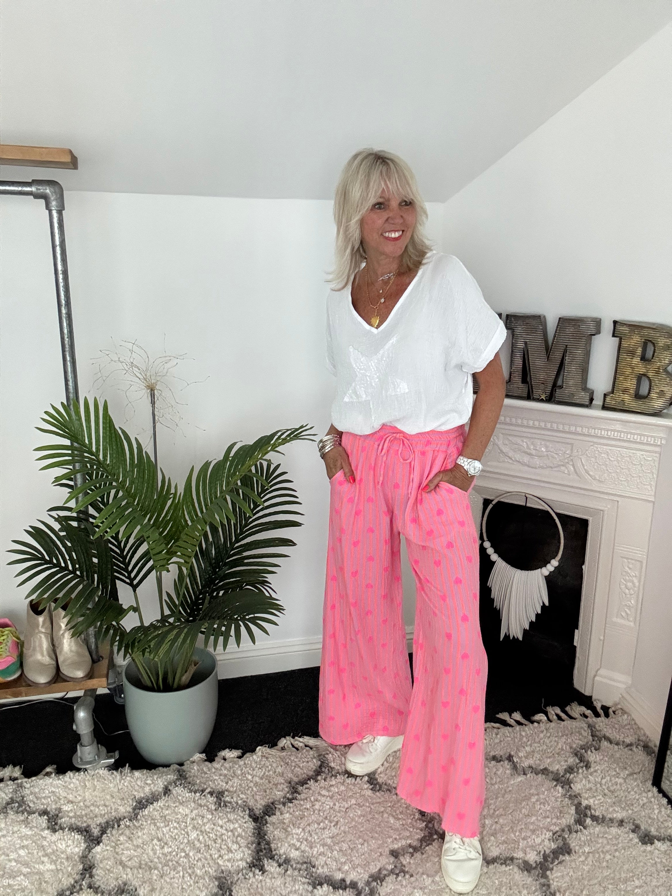 Wide Leg Cheesecloth Trousers in Orange & Pink