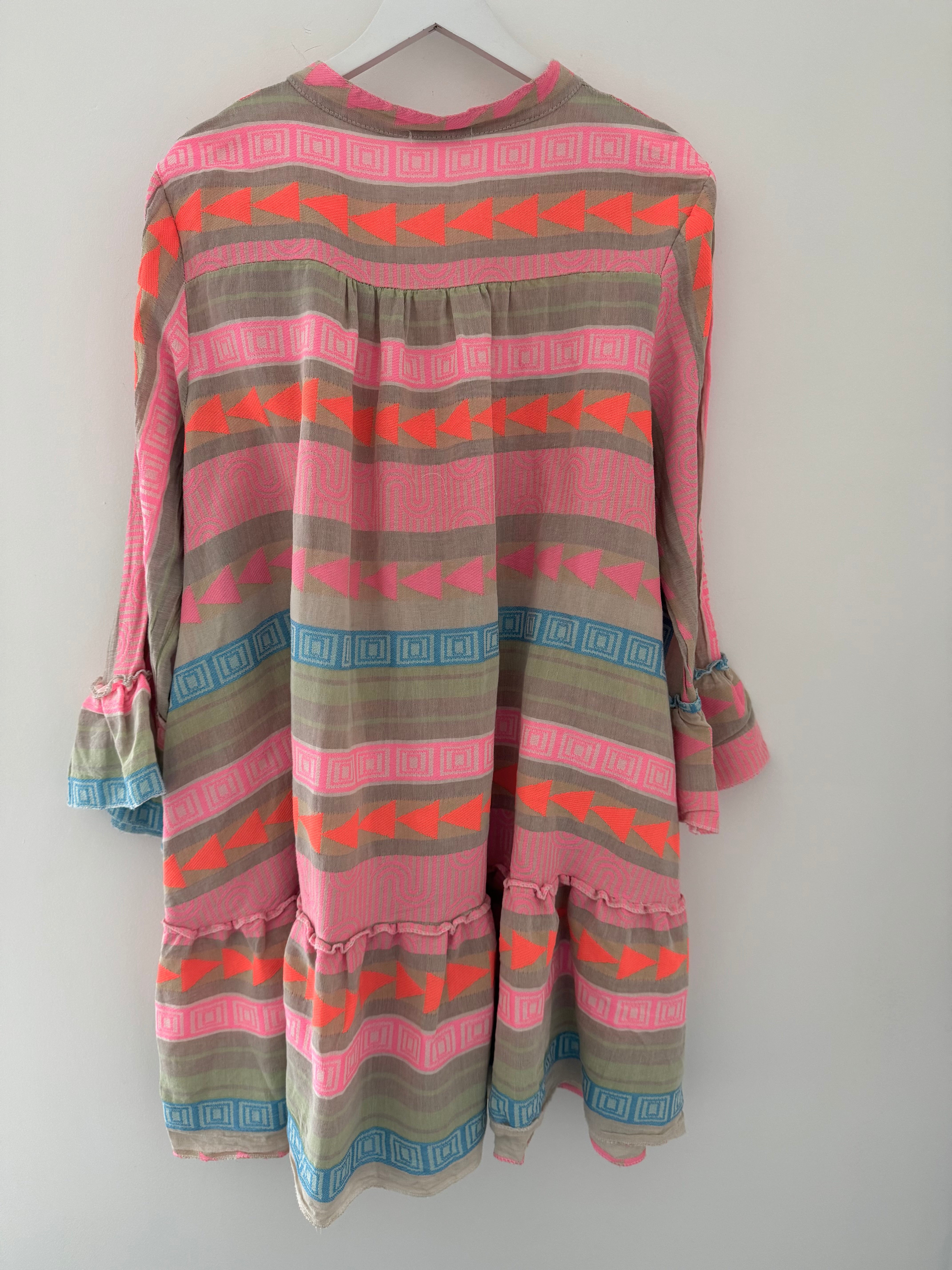 Embroidered Knee Length Dress in Khaki & Pink