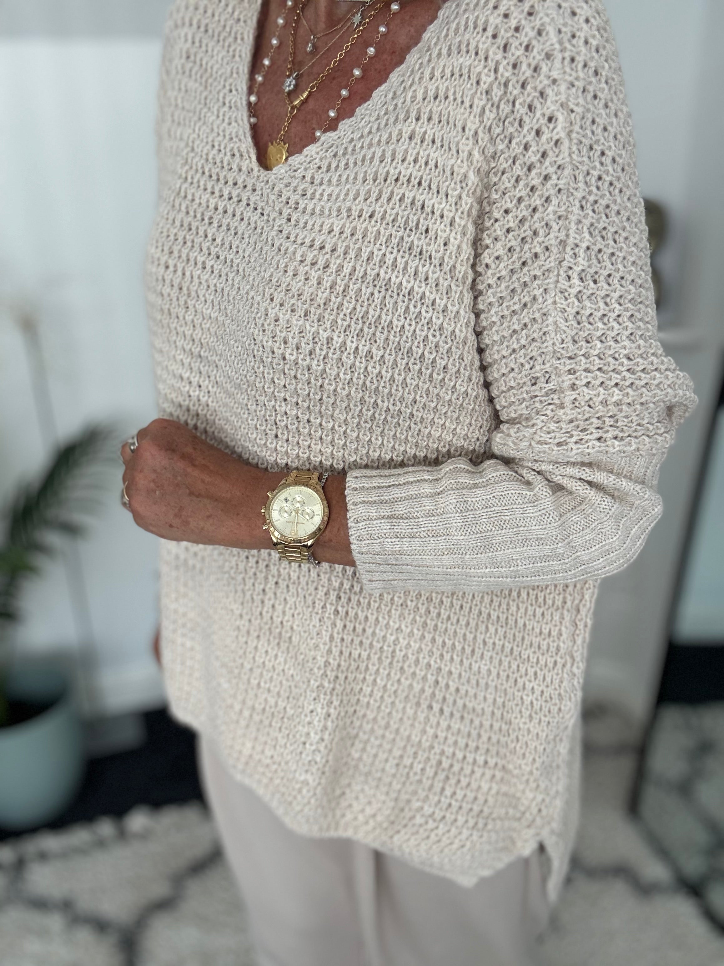 V Neck Waffle Knit in Ecru