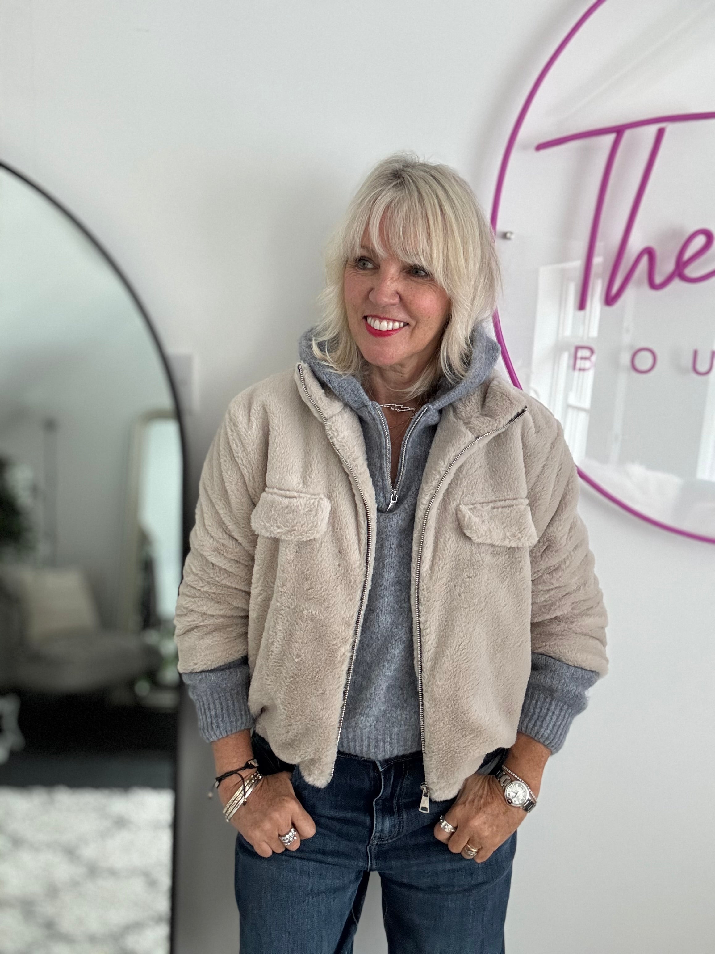 Faux Fur Jacket in Stone