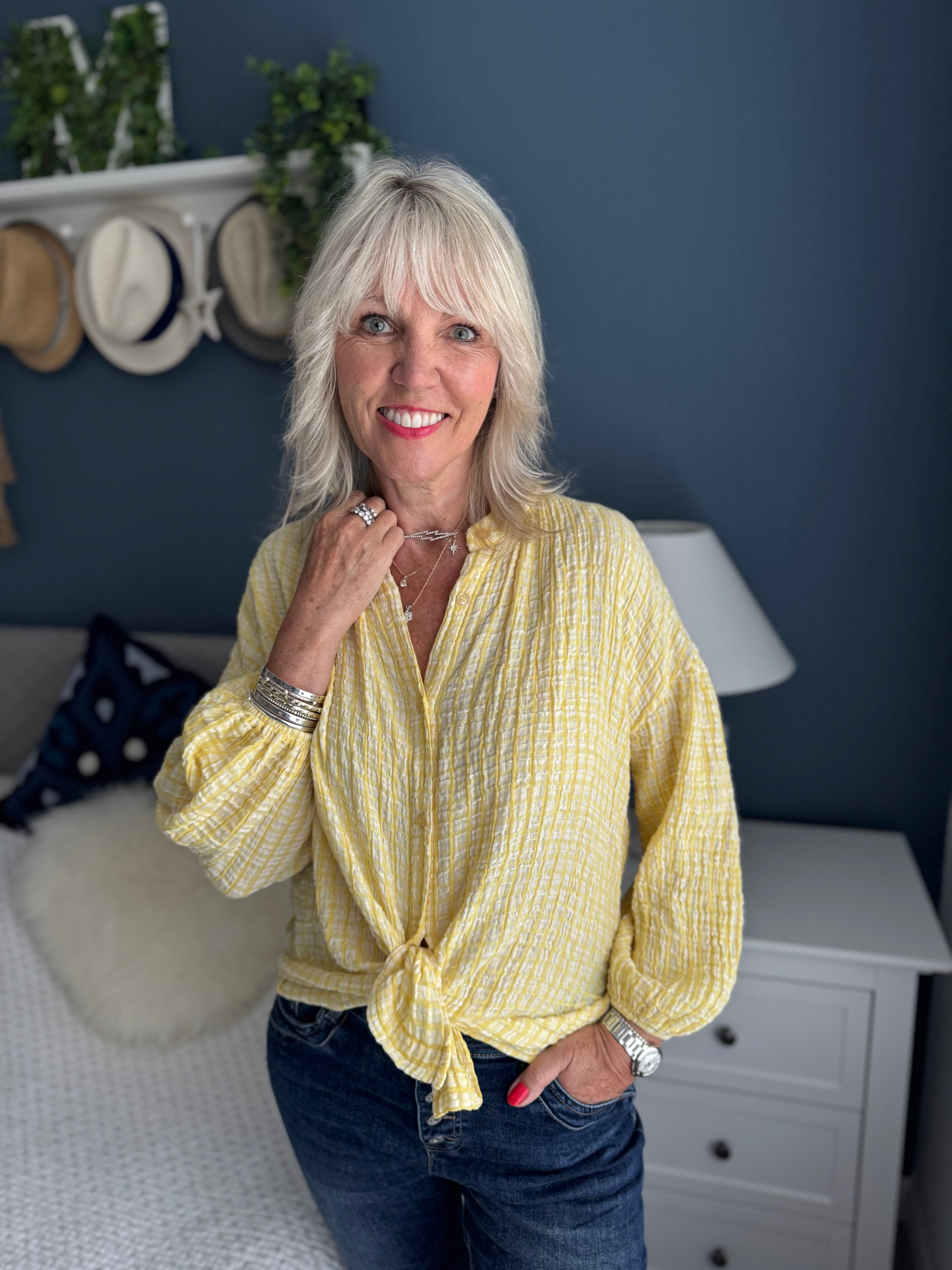 Gingham Seersucker Blouse in Lemon