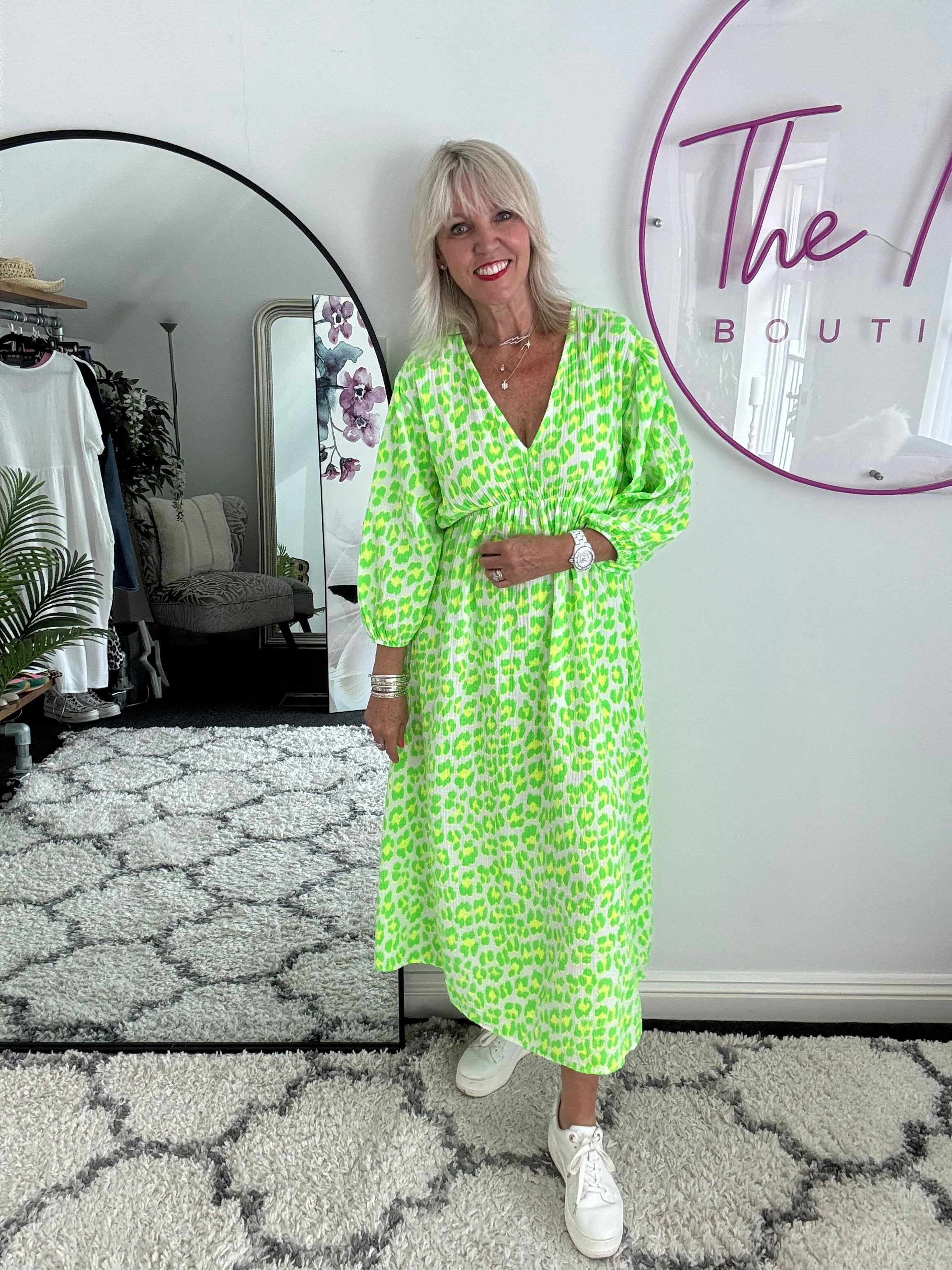 Cheesecloth Midi Dress in Neon Citrus Leopard