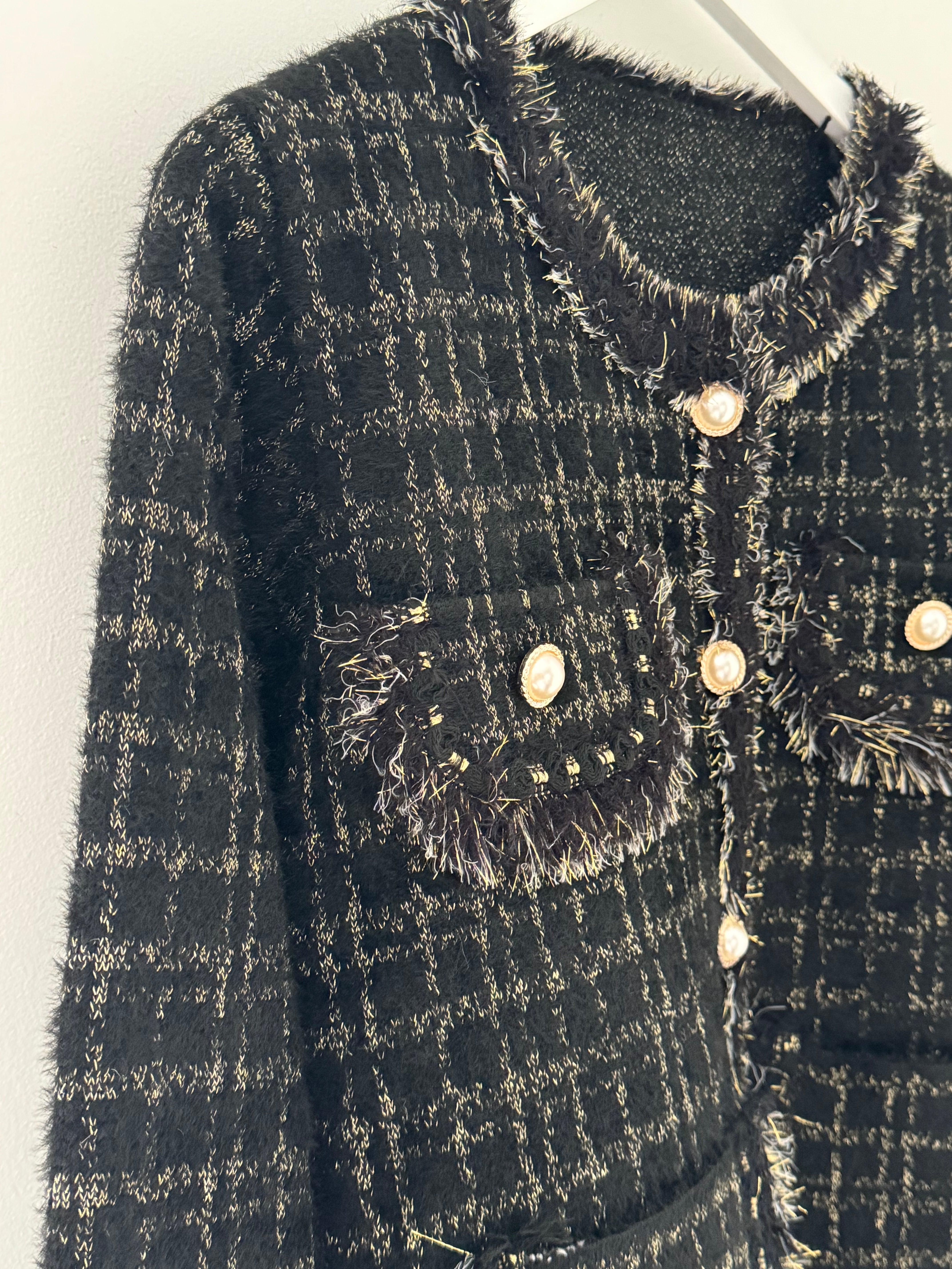 Pearl Button & Tweed Cardi Jacket in Black