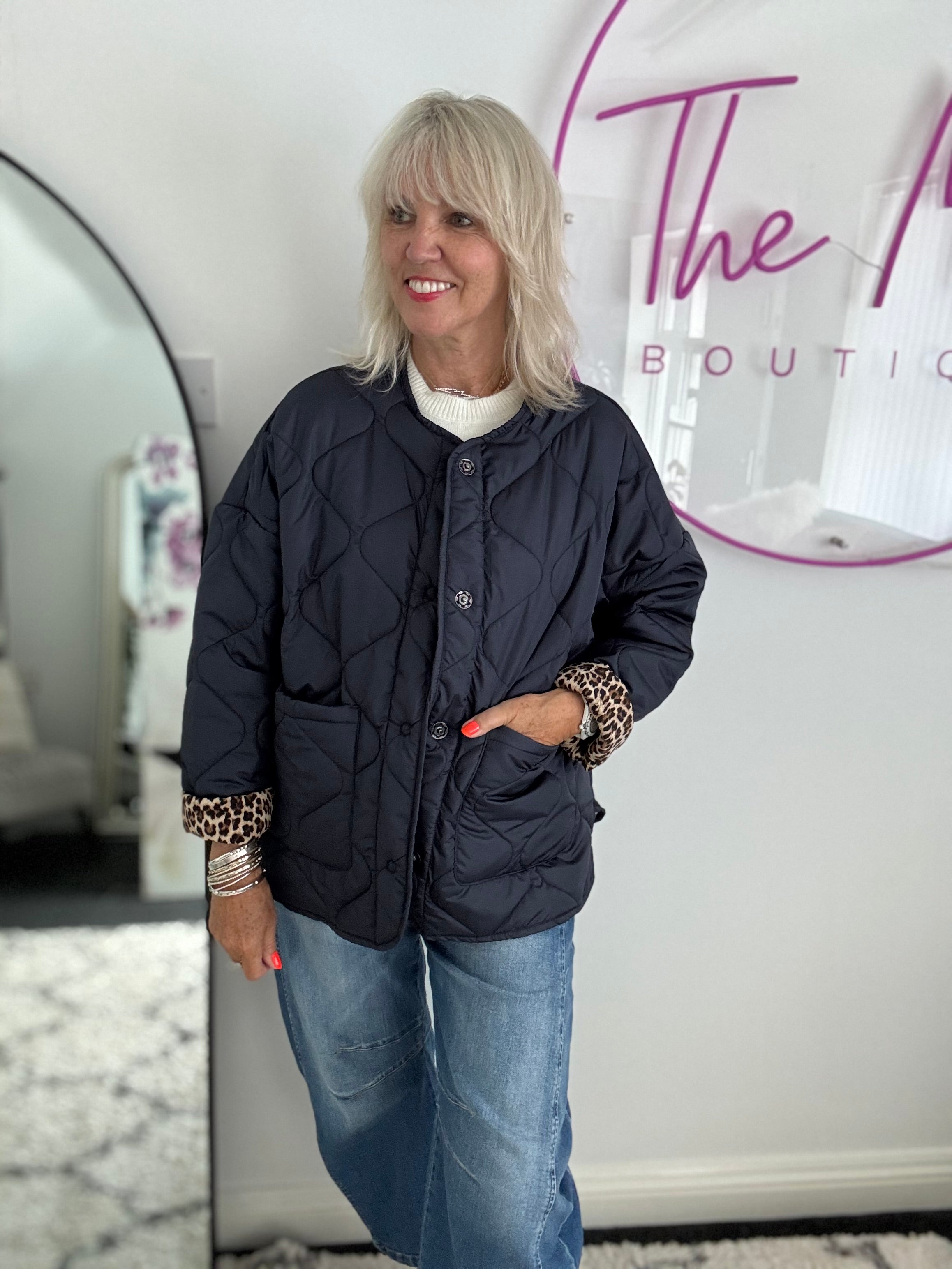 Reversible Quilted Jacket in Navy & Leopard