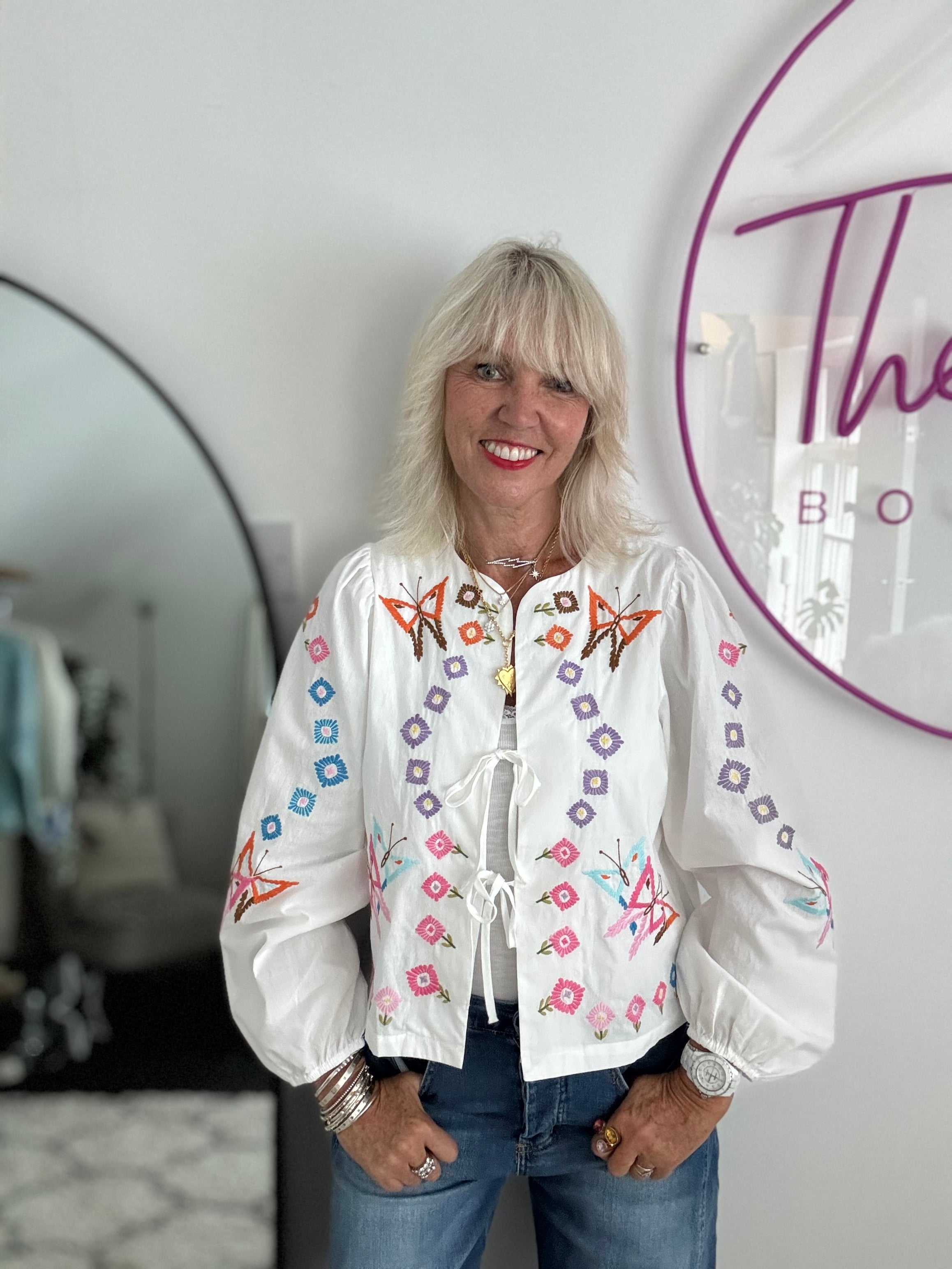 Embroidered Shirt Jacket with Tie Front