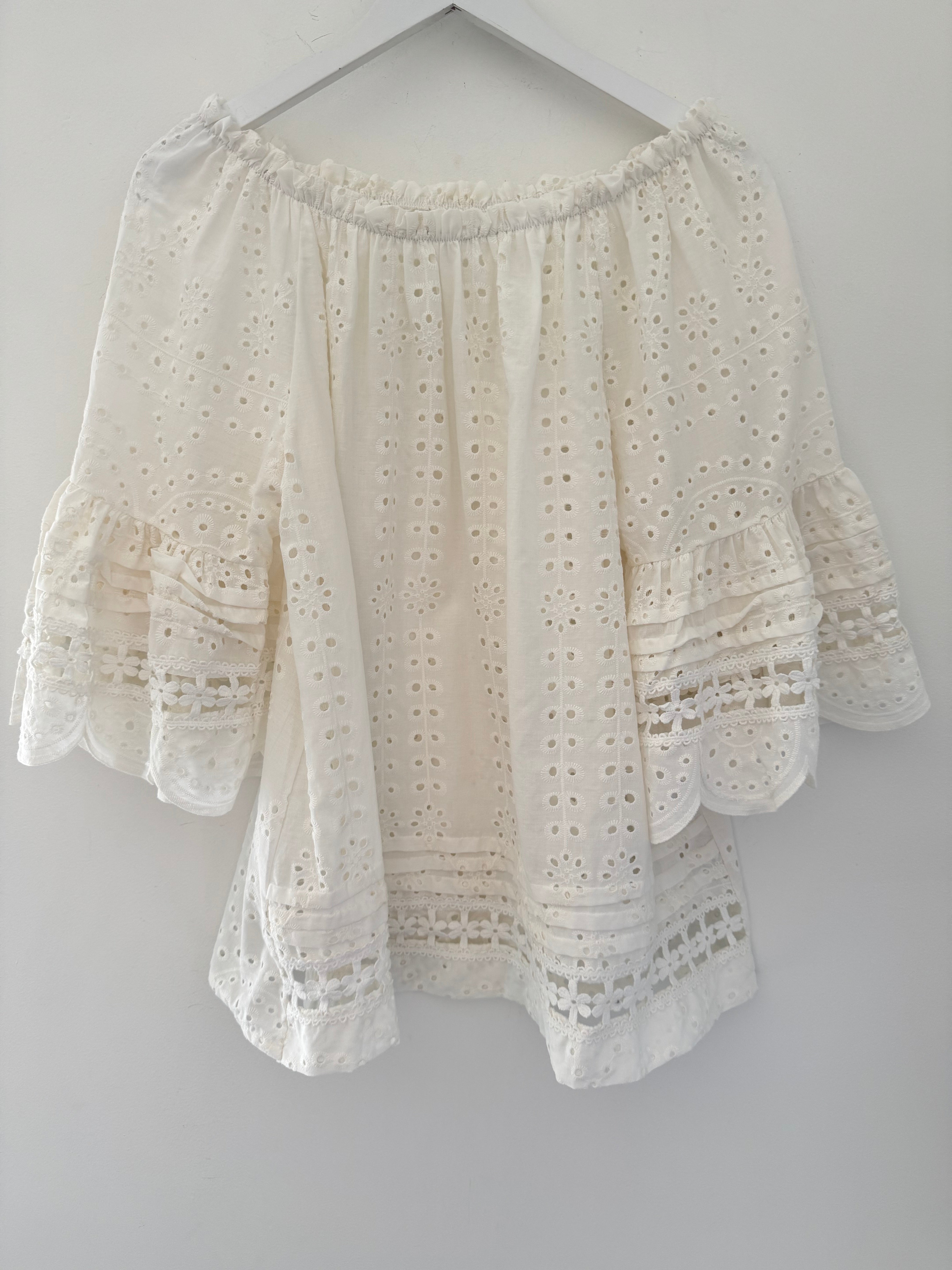 Designer Broderie Anglaise Top in Ivory