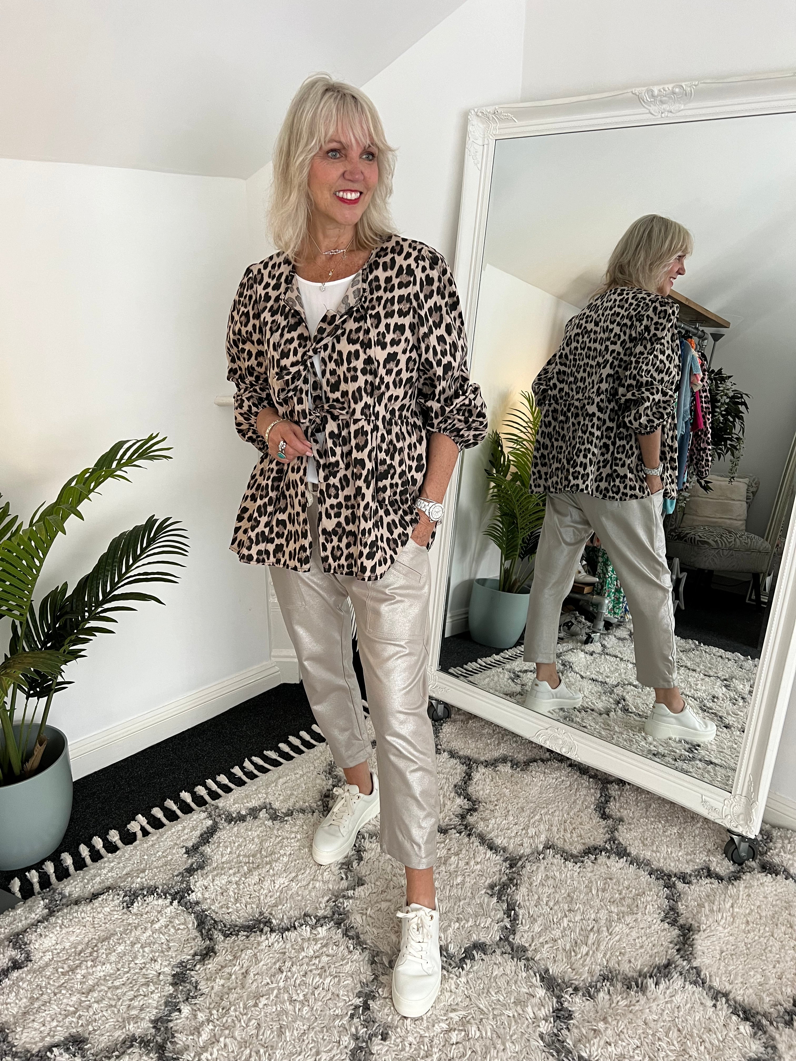 Leopard Tie Front Blouse in Stone