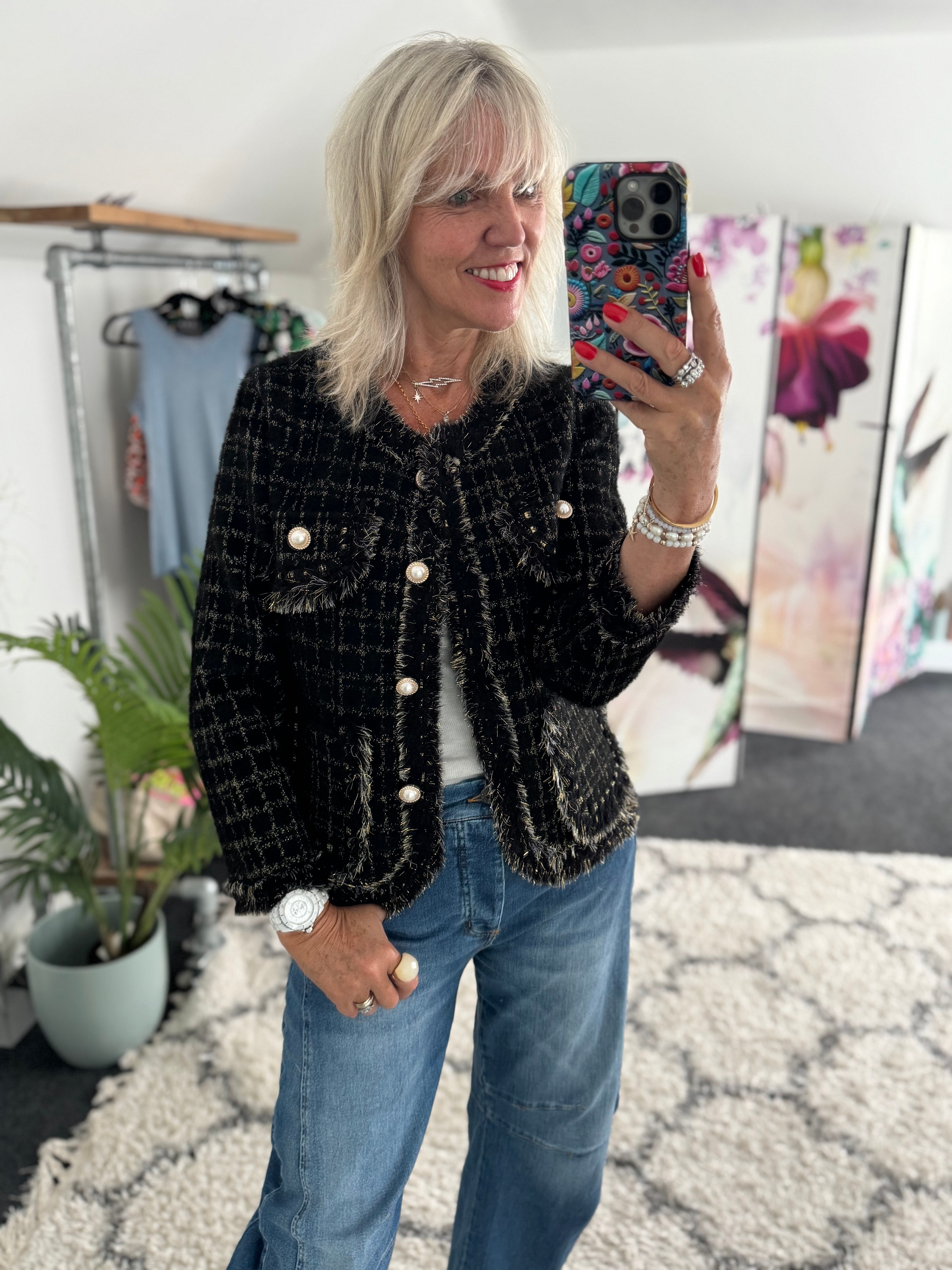 Pearl Button & Tweed Cardi Jacket in Black